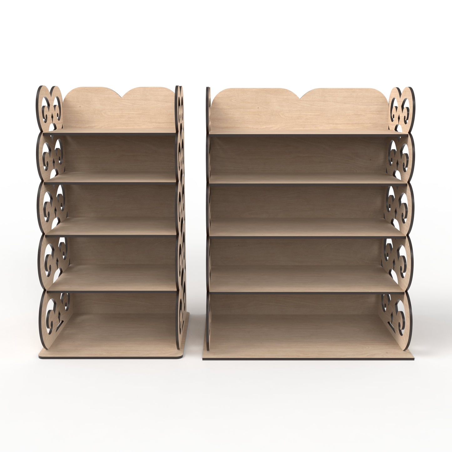 Set of 2, 5-tier display shelving units made from our laser cutting files and available for digital download. Ideal for home use, retail environments, trade shows and craft fairs.