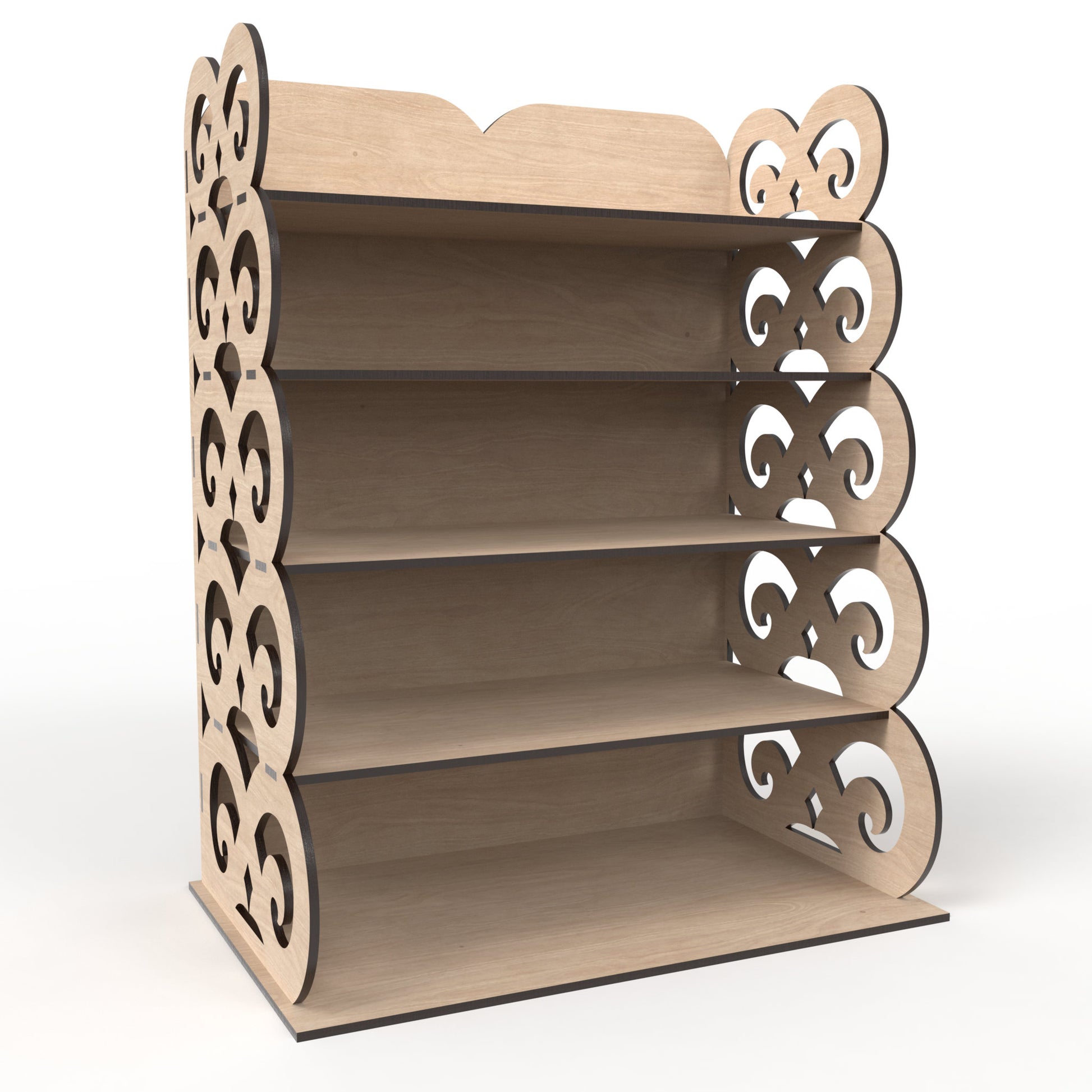 A 5-tier display shelving unit made from our laser cutting files and available for digital download. Ideal for home use, retail environments, trade shows and craft fairs.