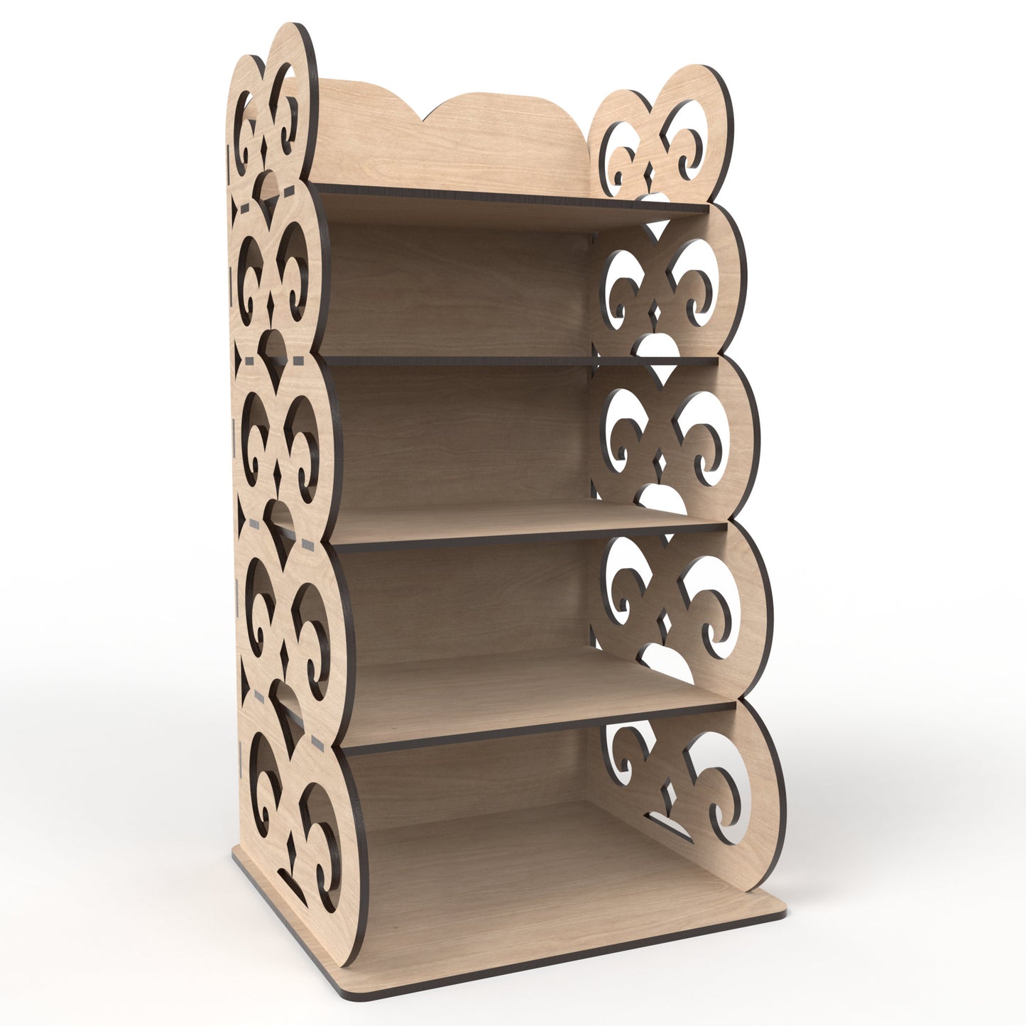 A 5-tier display shelving unit made from our laser cutting files and available for digital download. Ideal for home use, retail environments, trade shows and craft fairs.