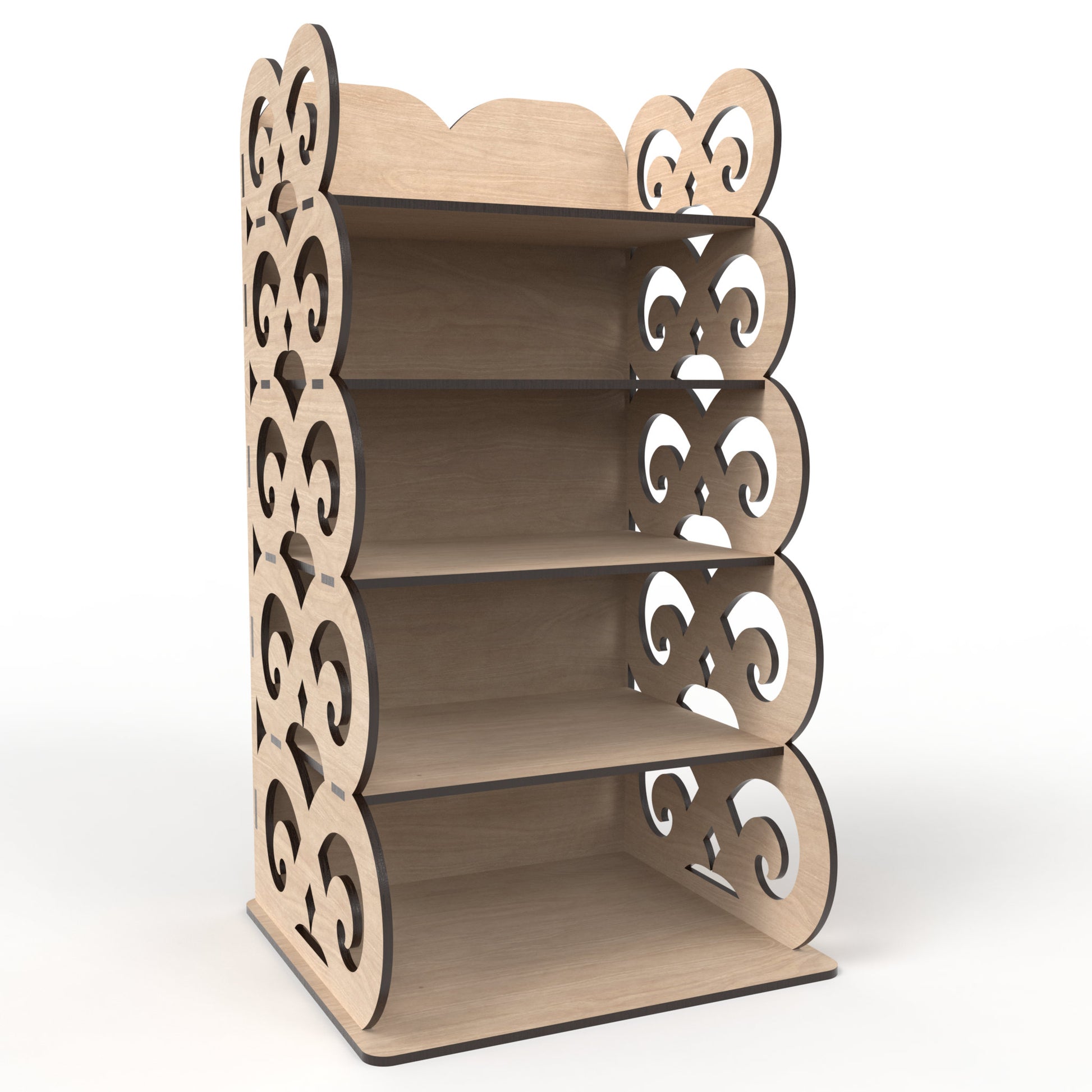 A 5-tier display shelving unit made from our laser cutting files and available for digital download. Ideal for home use, retail environments, trade shows and craft fairs.