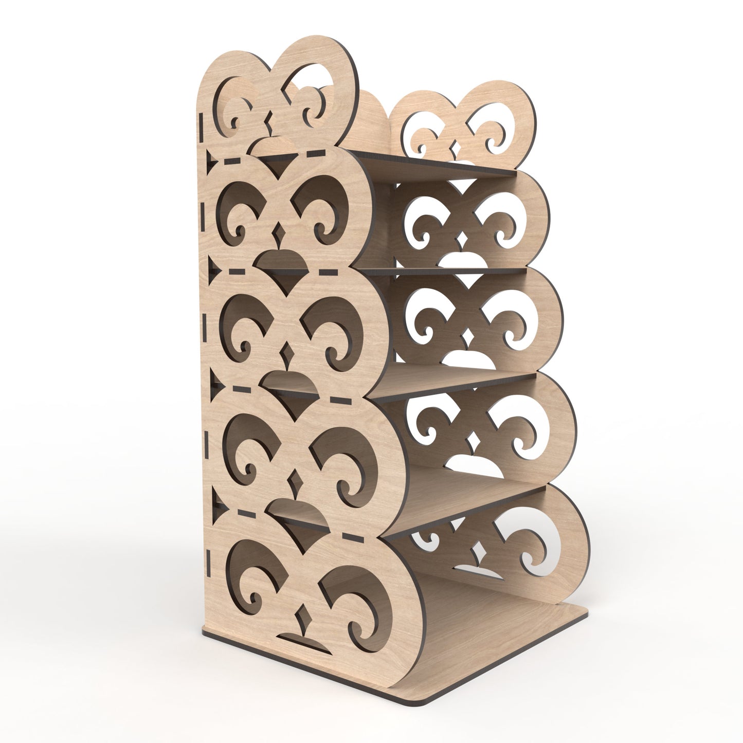A 5-tier display shelving unit made from our laser cutting files and available for digital download. Ideal for home use, retail environments, trade shows and craft fairs.