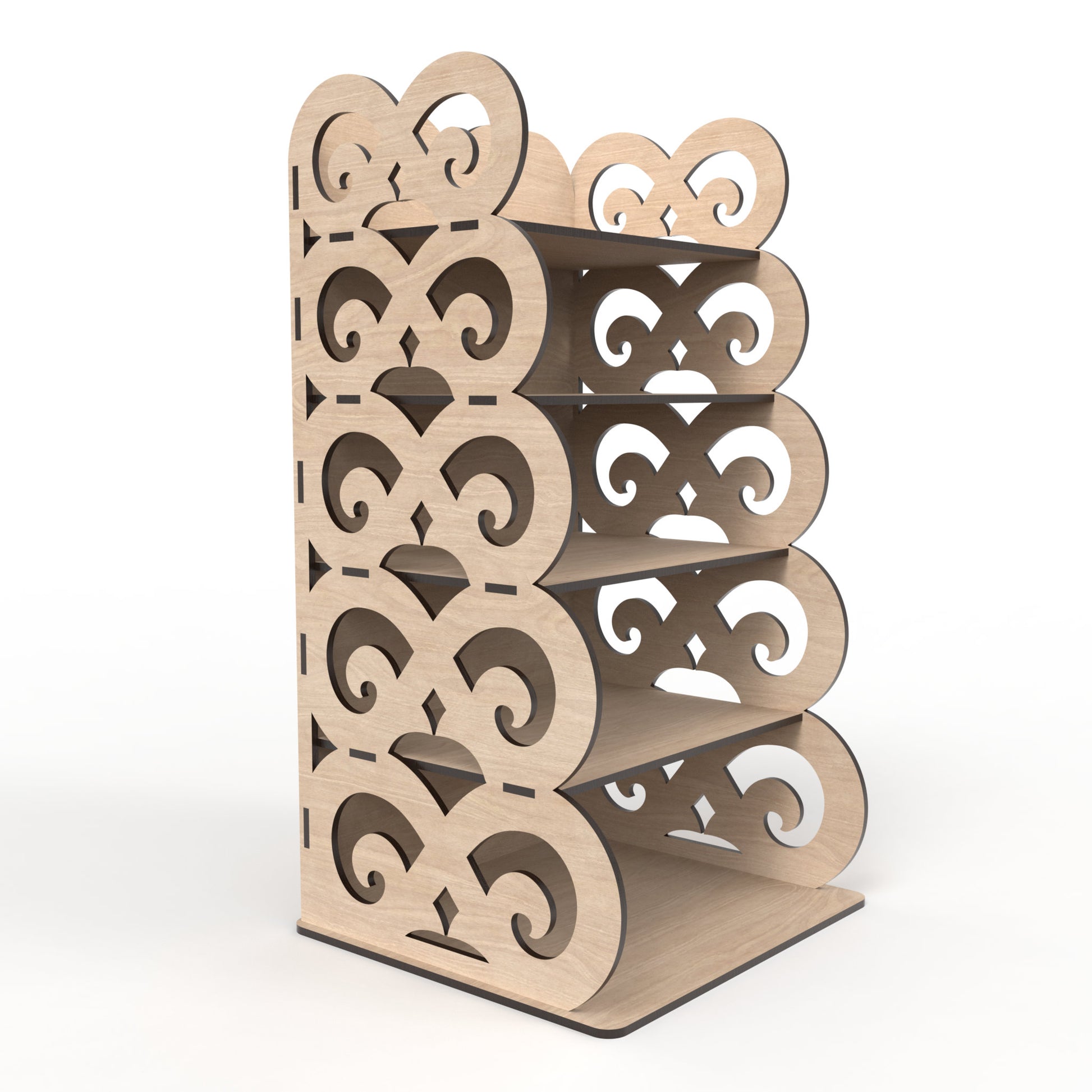 A 5-tier display shelving unit made from our laser cutting files and available for digital download. Ideal for home use, retail environments, trade shows and craft fairs.
