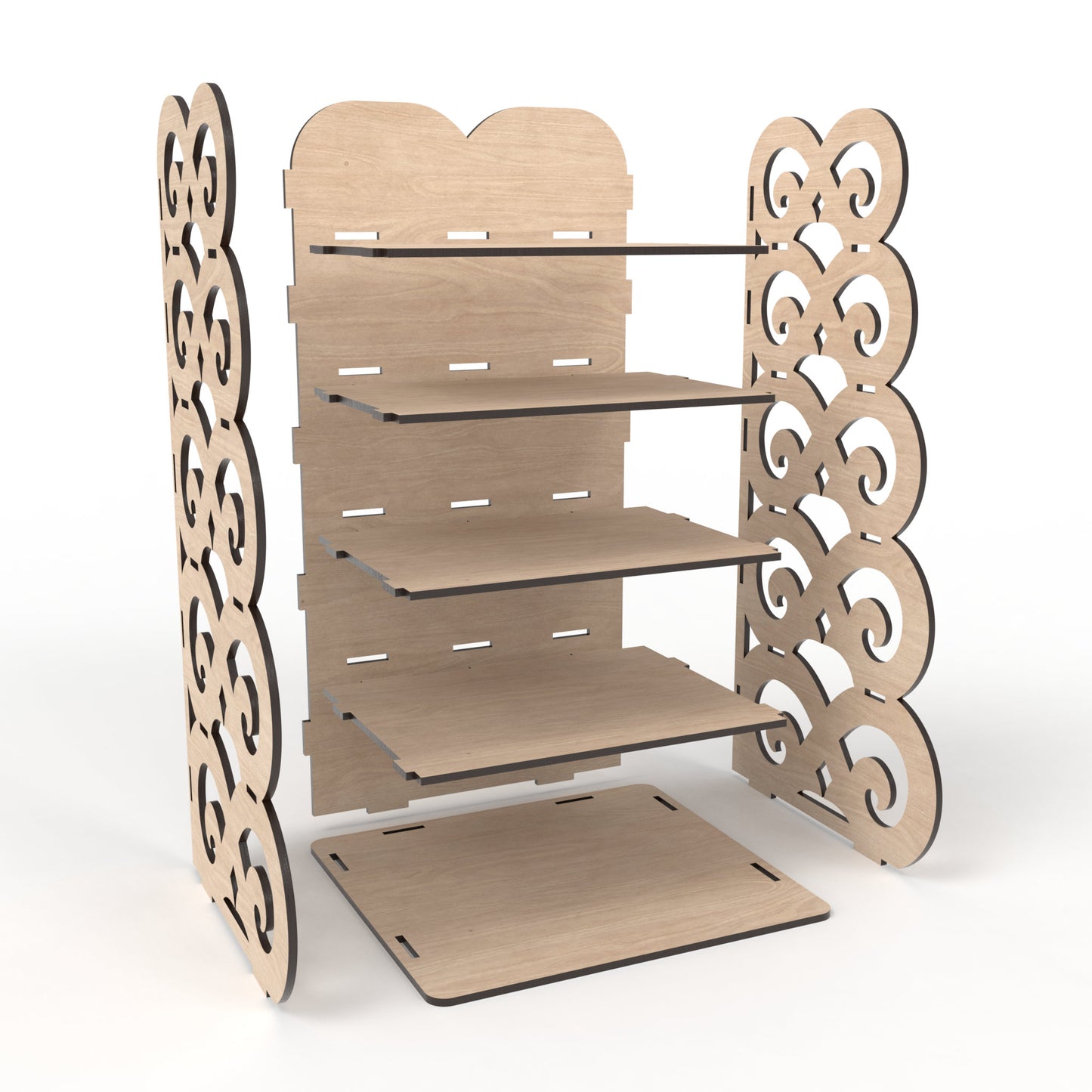 An exploded view of our 5-tier display shelving unit made from our laser cutting files and available for digital download. Ideal for home use, retail environments, trade shows and craft fairs.