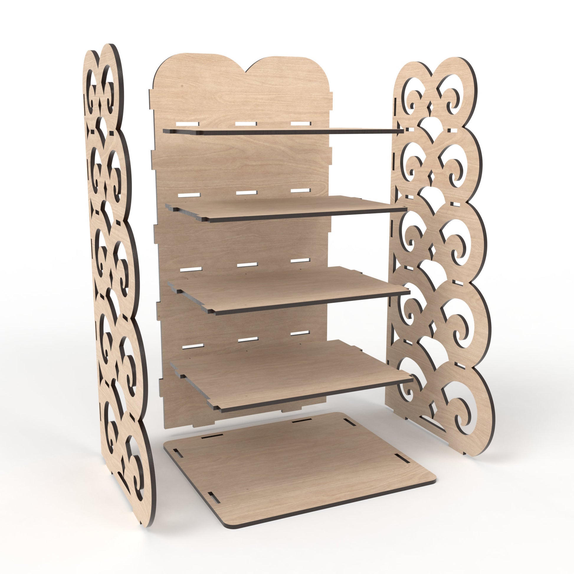 An exploded view of our 5-tier display shelving unit made from our laser cutting files and available for digital download. Ideal for home use, retail environments, trade shows and craft fairs.