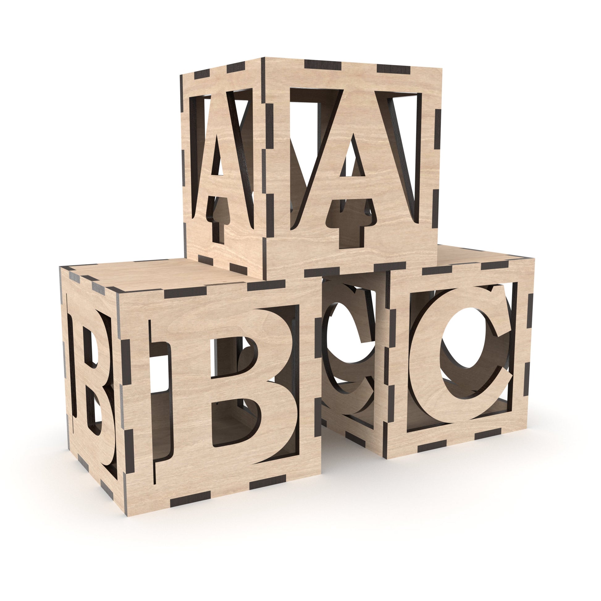 Full alphabet of 3D alphabet block boxes made from our laser cutting files and available for digital download. Each block measures 10cm x 10cm x 10cm and can be placed or stacked to display any wording or message, such as BABY or ABC.