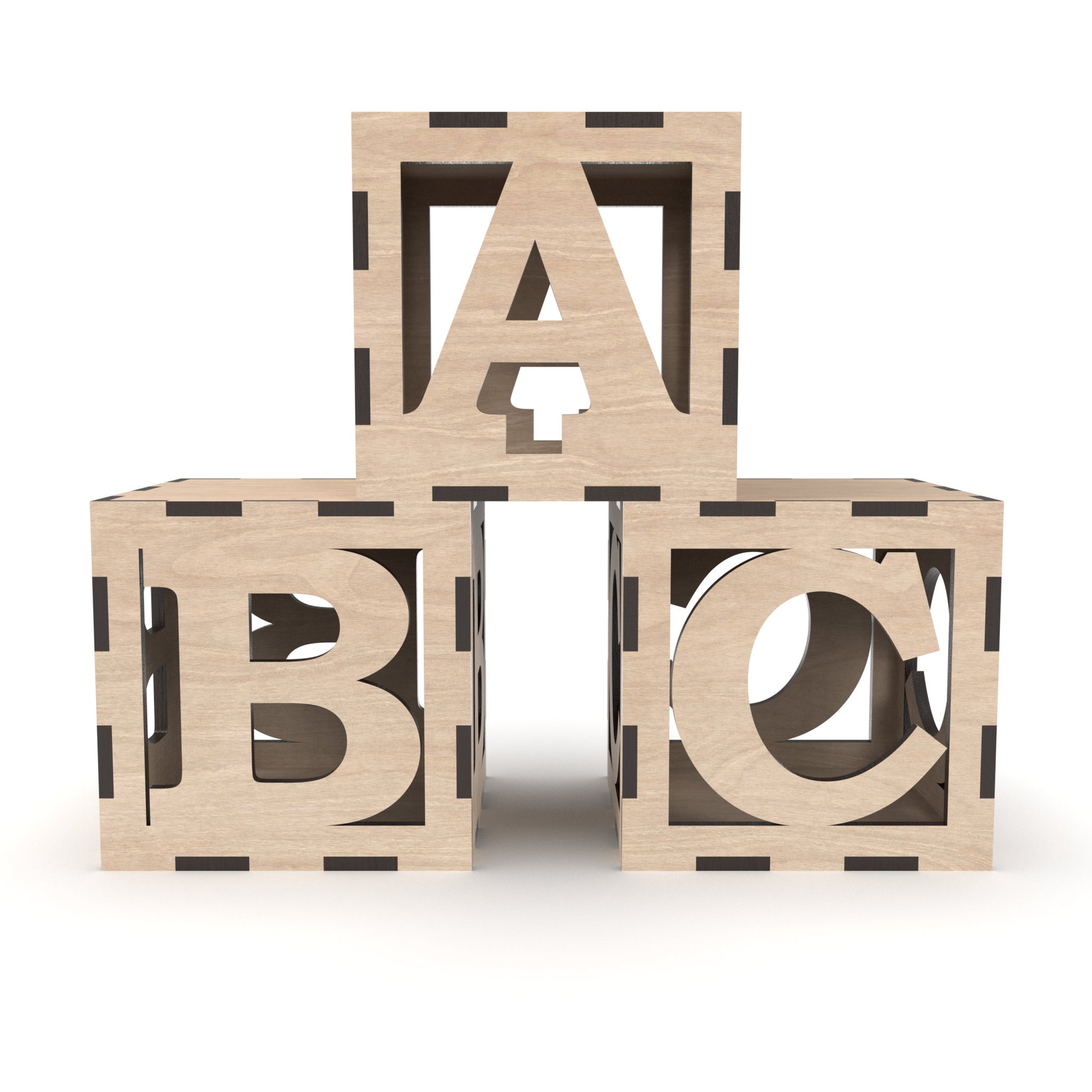 Full alphabet of 3D alphabet block boxes made from our laser cutting files and available for digital download. Each block measures 10cm x 10cm x 10cm and can be placed or stacked to display any wording or message, such as BABY or ABC.