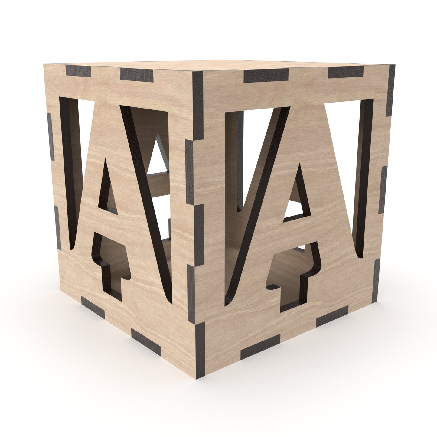 The letter A of our 3D alphabet block boxes made from our laser cutting files and available for digital download. Each block measures 10cm x 10cm x 10cm and can be placed or stacked to display any wording or message, such as BABY or ABC.