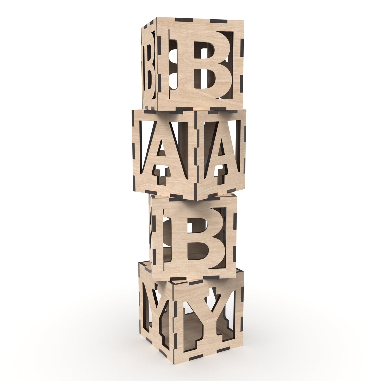 Alphabet block boxes made from our laser cutting files and available for digital download. Each block measures 10cm x 10cm x 10cm and can be placed or stacked to display any wording or message, such as BABY or ABC.