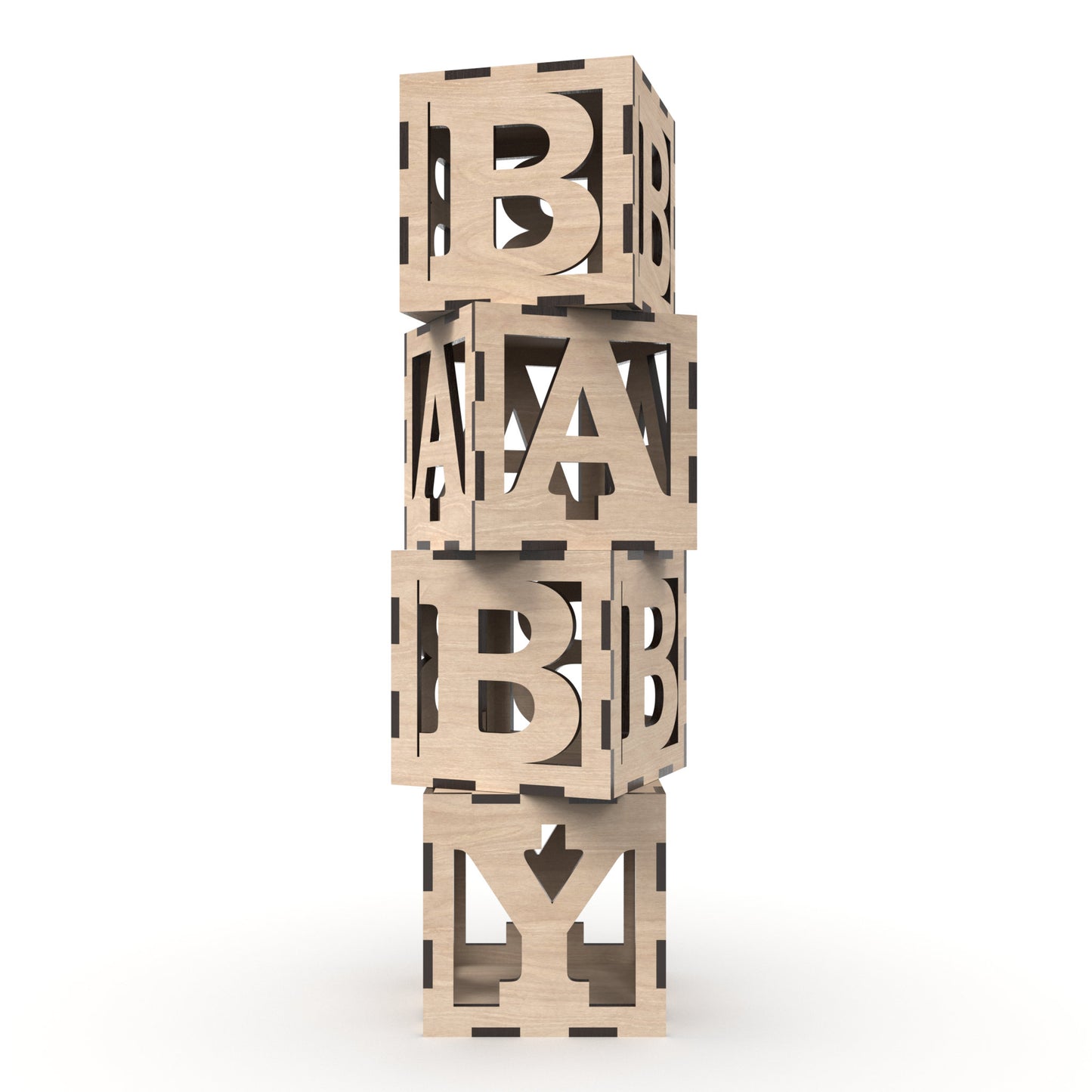 Alphabet block boxes made from our laser cutting files and available for digital download. Each block measures 10cm x 10cm x 10cm and can be placed or stacked to display any wording or message, such as BABY or ABC.