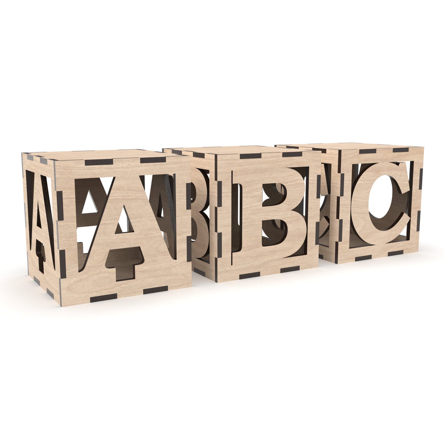 Full alphabet of 3D alphabet block boxes made from our laser cutting files and available for digital download. Each block measures 10cm x 10cm x 10cm and can be placed or stacked to display any wording or message, such as BABY or ABC.