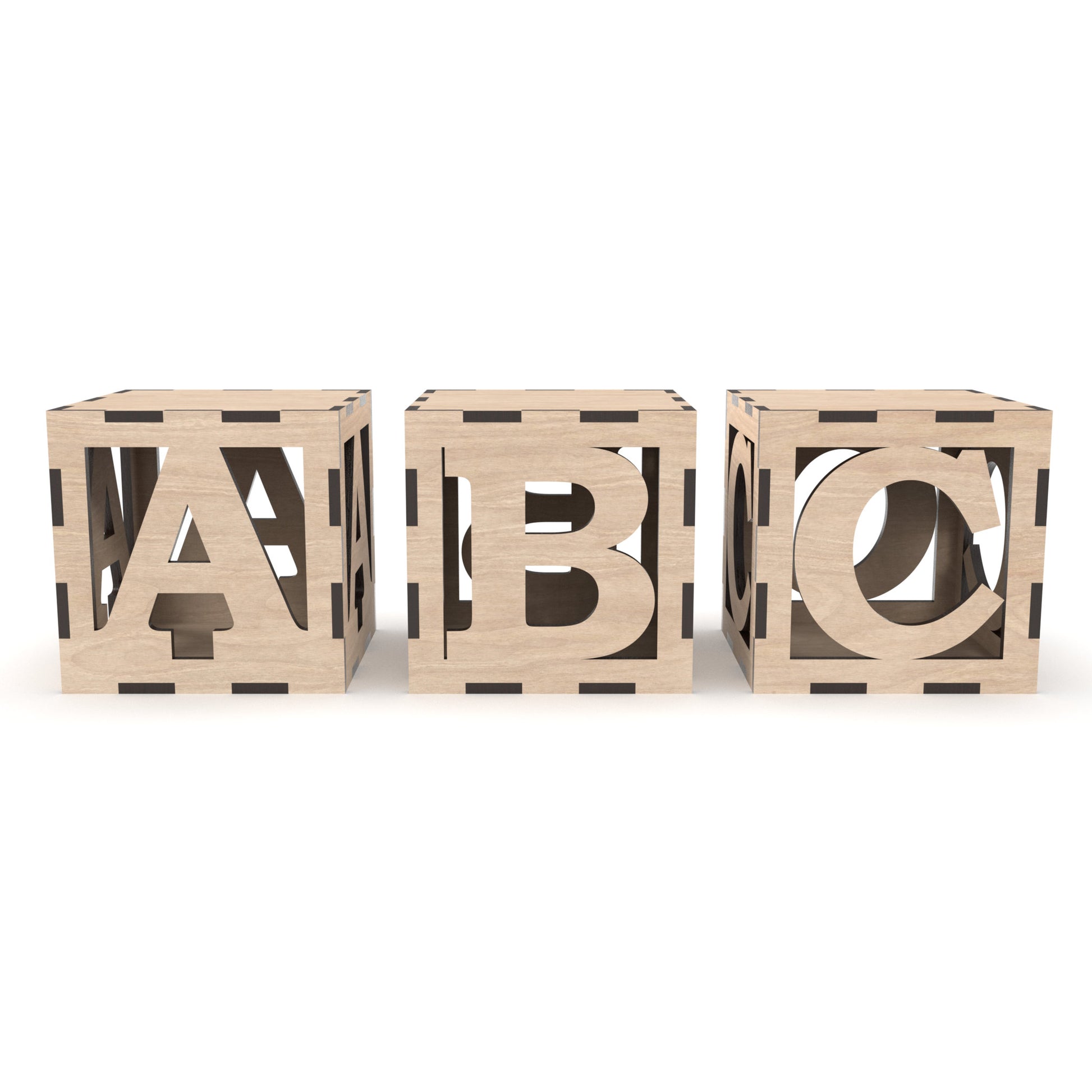 Full alphabet of 3D alphabet block boxes made from our laser cutting files and available for digital download. Each block measures 10cm x 10cm x 10cm and can be placed or stacked to display any wording or message, such as BABY or ABC.