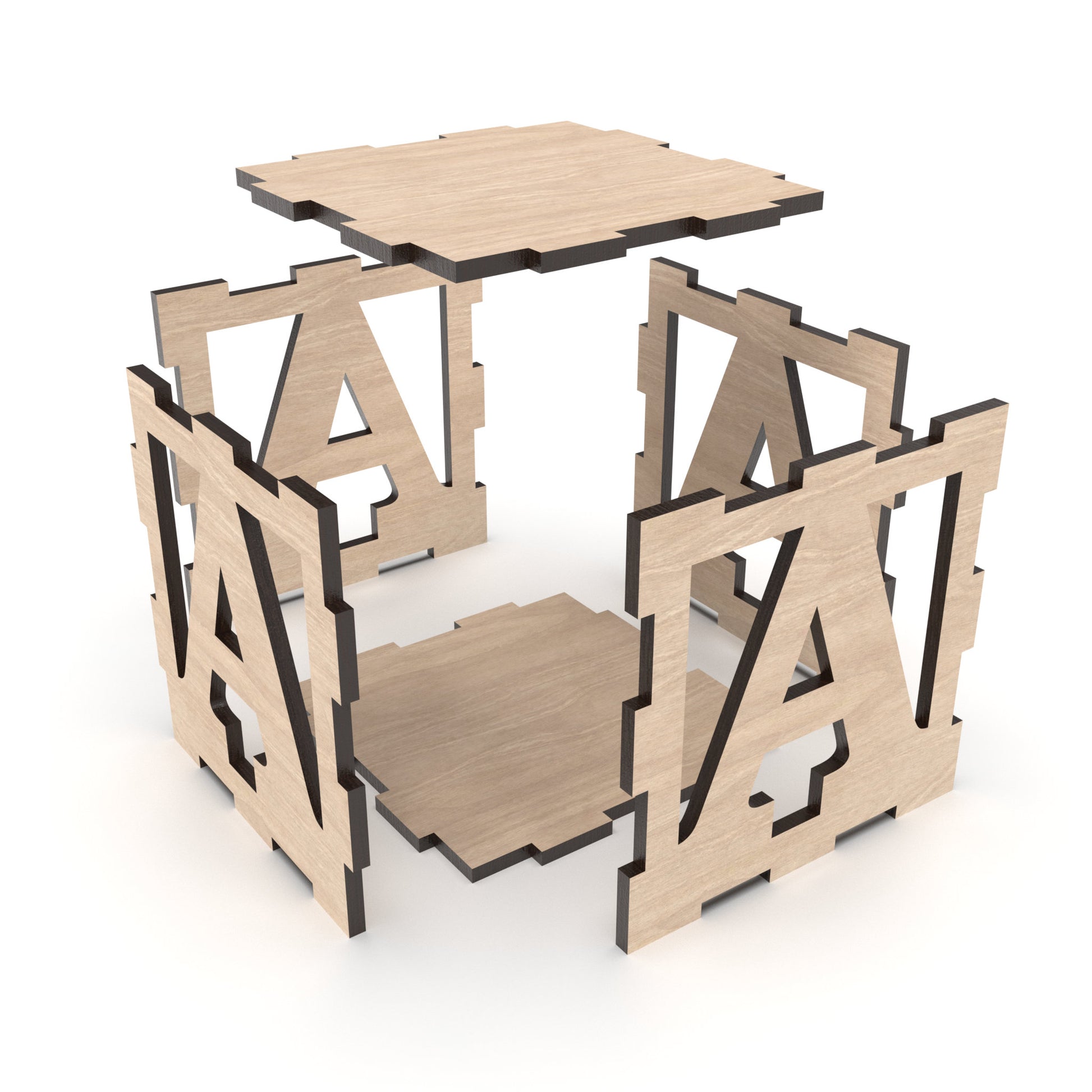 An exploded view of our 3D alphabet block boxes made from our laser cutting files and available for digital download. Each block measures 10cm x 10cm x 10cm and can be placed or stacked to display any wording or message, such as BABY or ABC.