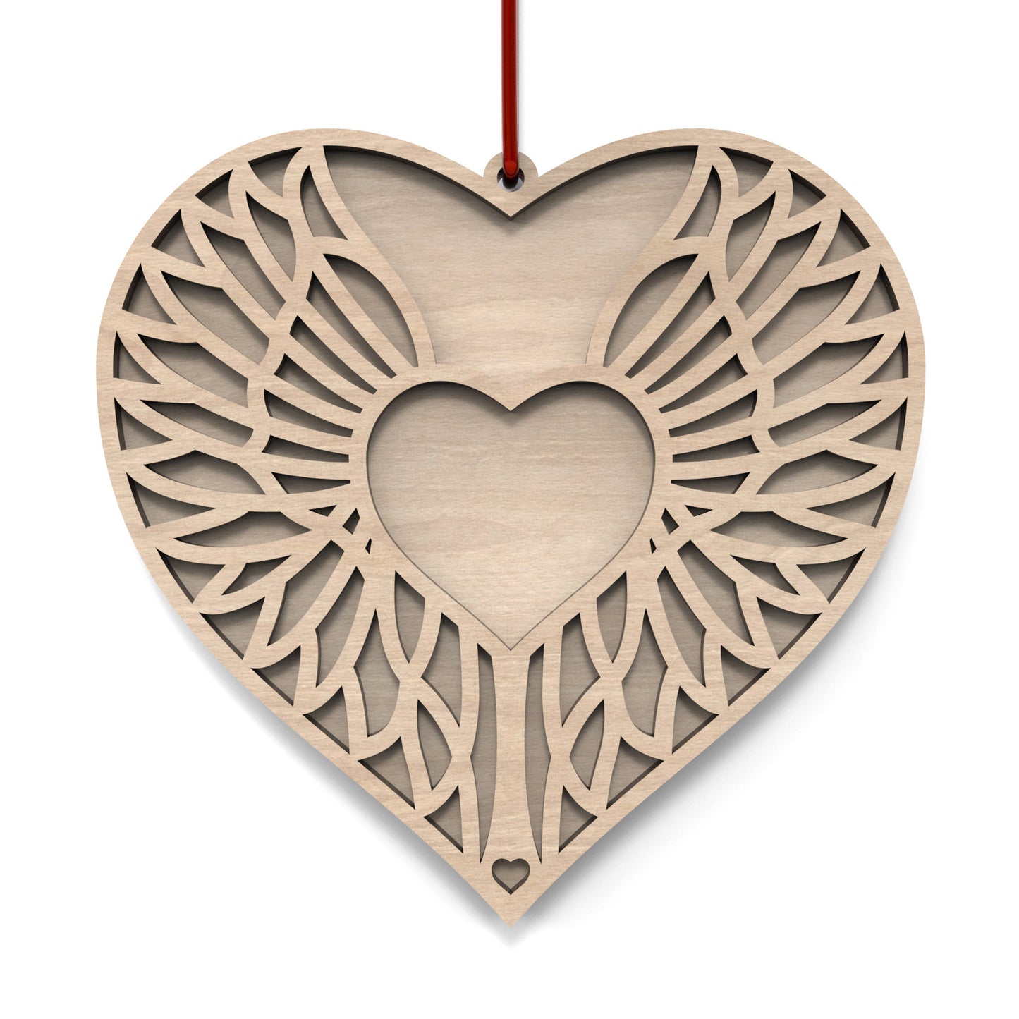 Angel Wing Heart Memorial Ornament made from our laser cutting files and available for digital download. Features two heart-shaped layers symbolizing love and remembrance: the back layer offers space for a personal message, name, and dates, while the front layer, adorned with angel wings, represents eternal guardianship.