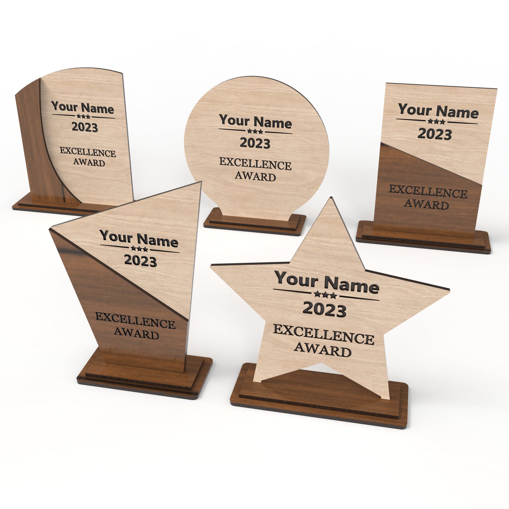 Set of 5 awards and trophies made from our laser cutting files and available for digital download. Each trophy, approximately 15cm high, features a designated space for laser engraving personalization and Suitable for 3mm thick materials such as natural wood, plywood, MDF, and acrylics.