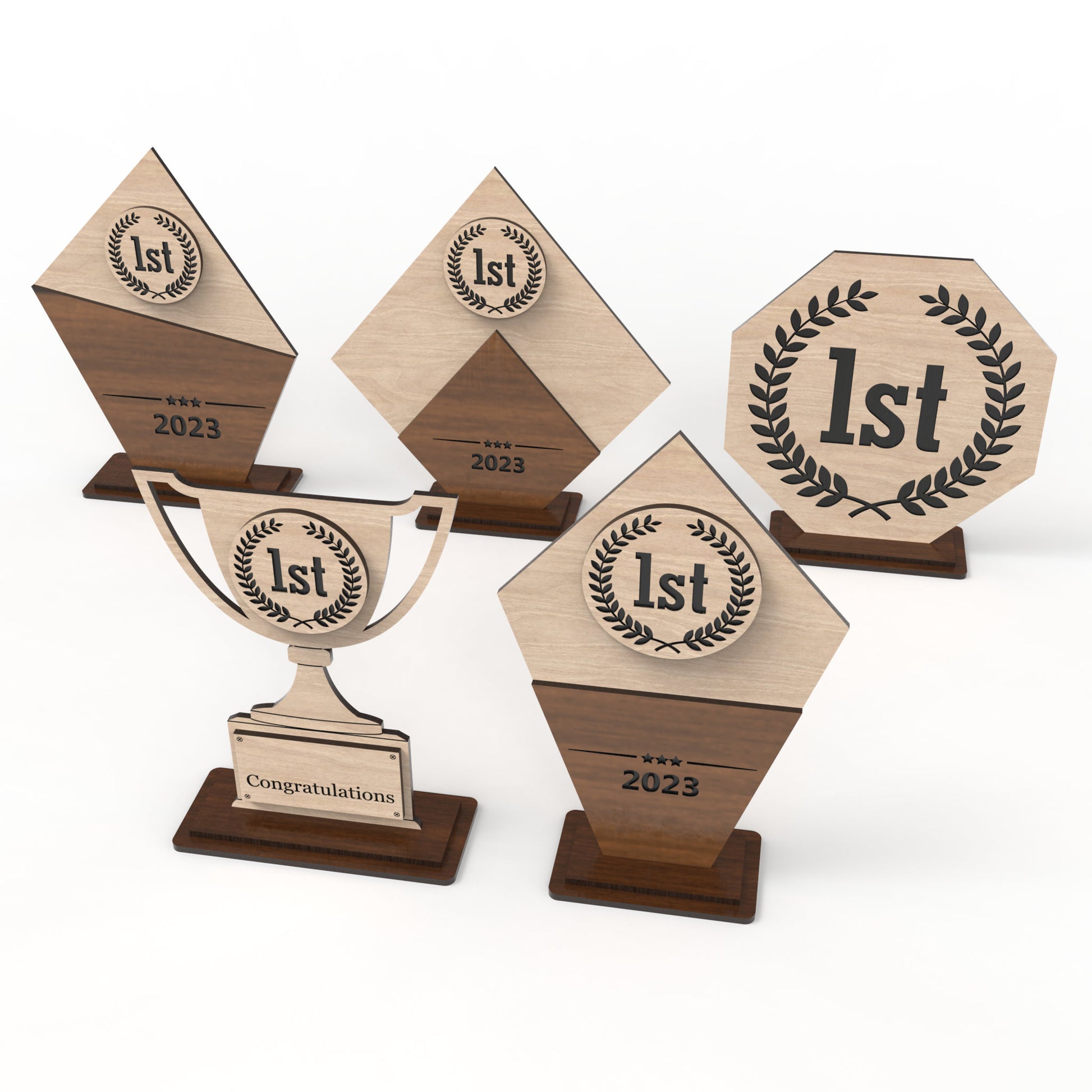 Set of 5 awards and trophies made from our laser cutting files and available for digital download. Each trophy, approximately 15cm - 18cm high, features a designated space for laser engraving personalization. Suitable for 3mm thick natural wood, plywood, MDF, and acrylics.