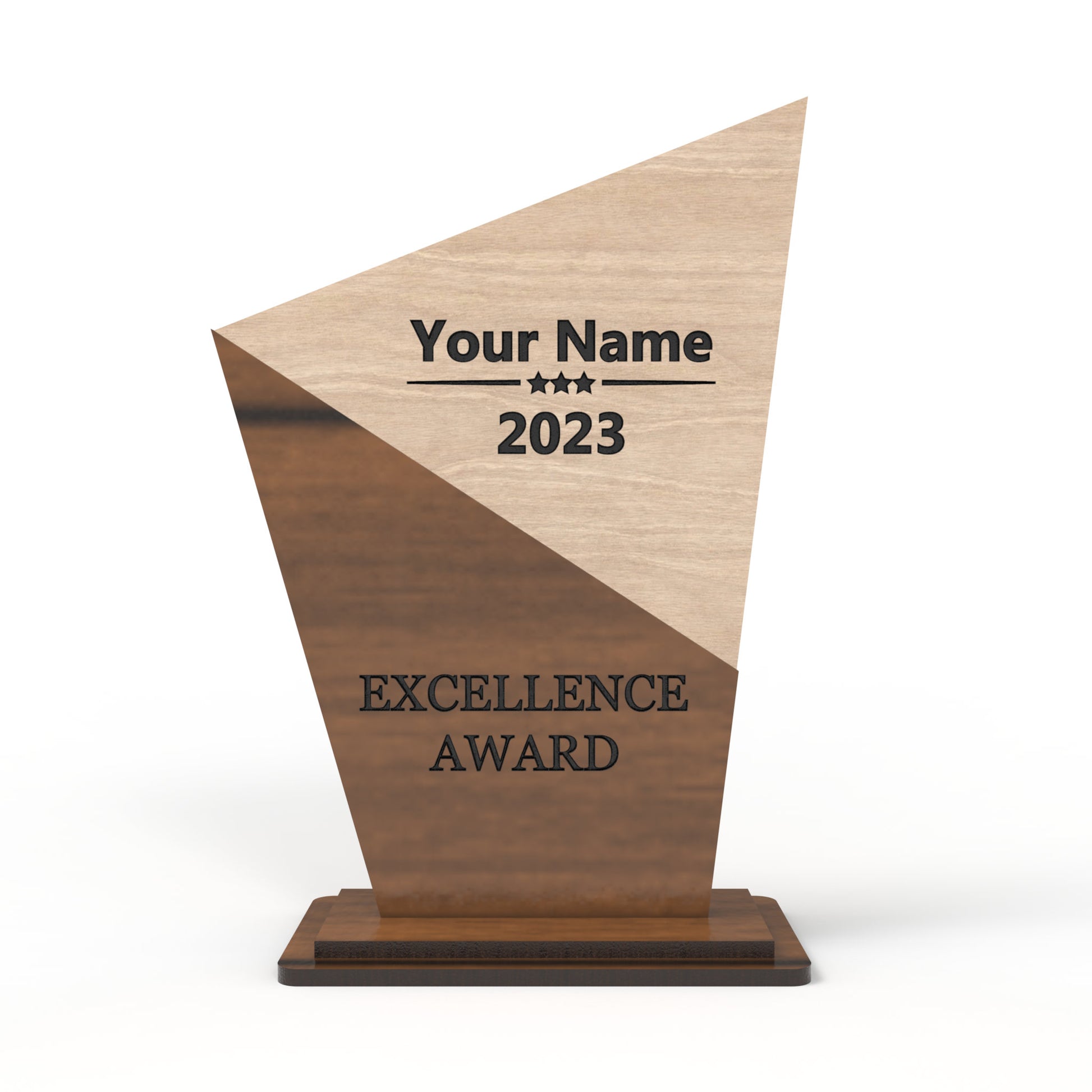 An award trophy made from our laser cutting files and available for digital download. The trophy, approximately 15cm high, features a designated space for laser engraving personalization and suitable for 3mm thick materials such as natural wood, plywood, MDF, and acrylics.