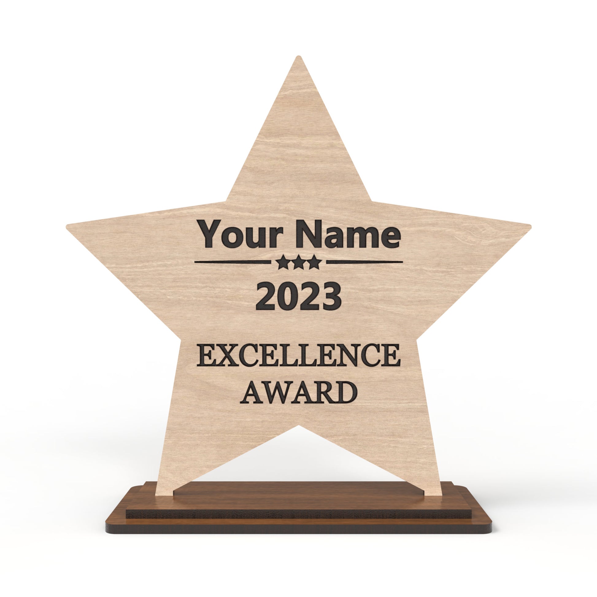 An award trophy made from our laser cutting files and available for digital download. The trophy, approximately 15cm high, features a designated space for laser engraving personalization and suitable for 3mm thick materials such as natural wood, plywood, MDF, and acrylics.