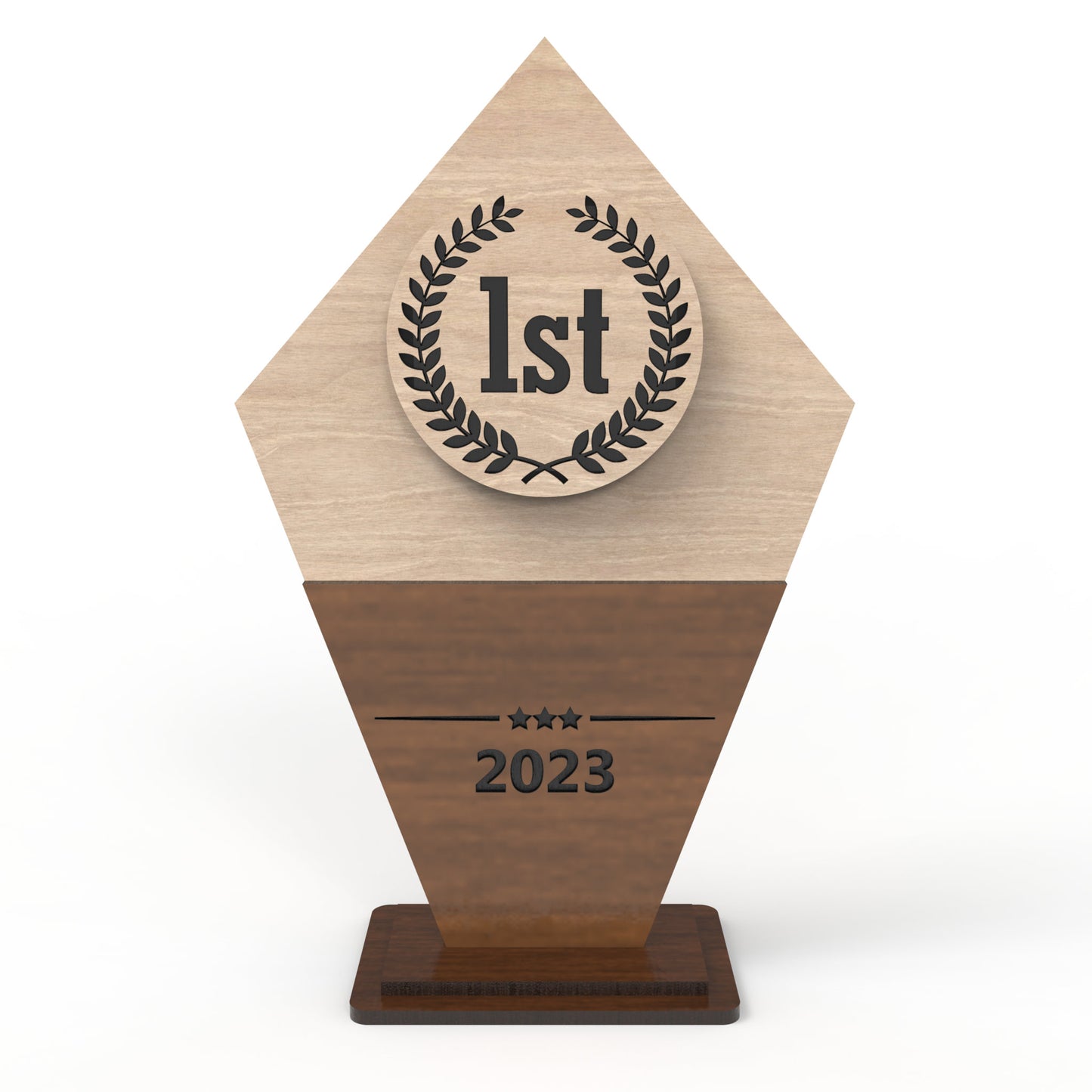 An award trophy made from our laser cutting files and available for digital download. The trophy, approximately 15cm - 18cm high, features a designated space for laser engraving personalization and suitable for 3mm thick materials such as natural wood, plywood, MDF and acrylics.