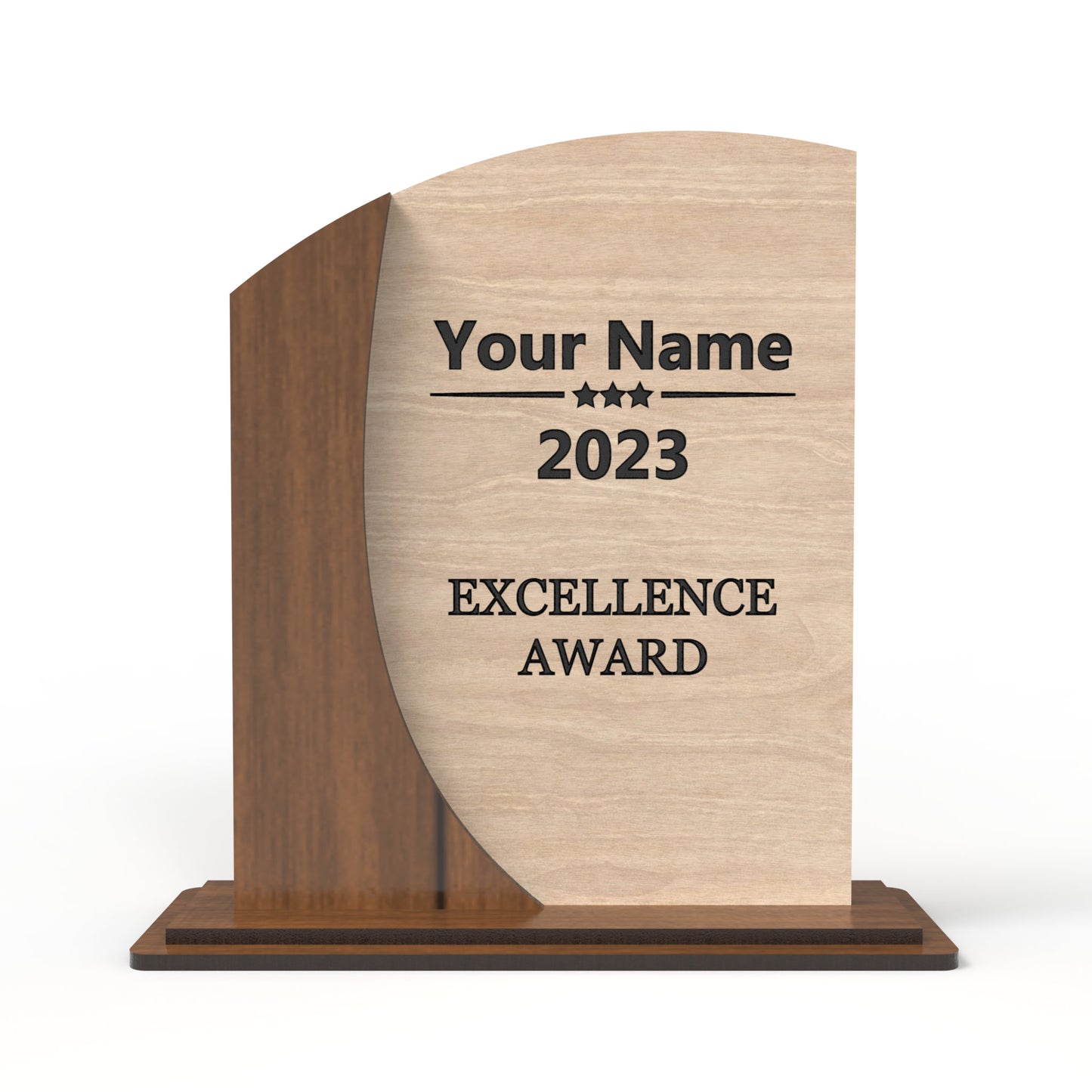 An award trophy made from our laser cutting files and available for digital download. The trophy, approximately 15cm high, features a designated space for laser engraving personalization and suitable for 3mm thick materials such as natural wood, plywood, MDF, and acrylics.