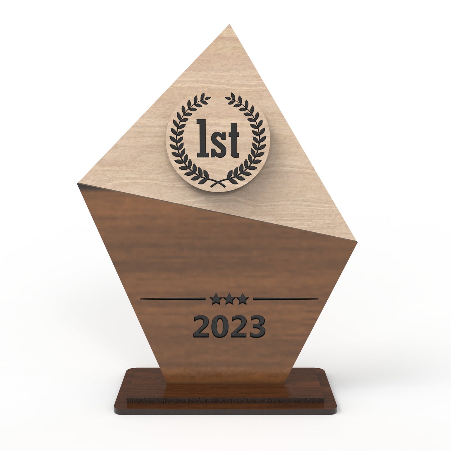 An award trophy made from our laser cutting files and available for digital download. The trophy, approximately 15cm - 18cm high, features a designated space for laser engraving personalization and suitable for 3mm thick materials such as natural wood, plywood, MDF and acrylics.