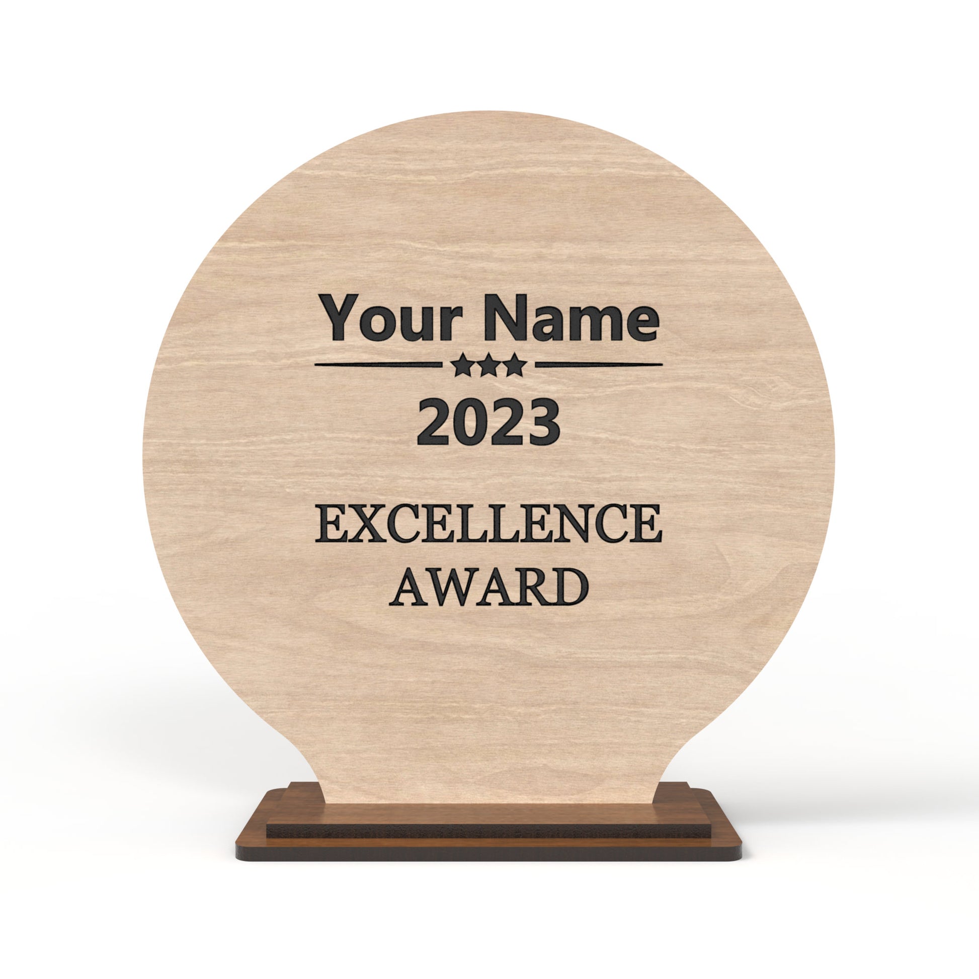 An award trophy made from our laser cutting files and available for digital download. The trophy, approximately 15cm high, features a designated space for laser engraving personalization and suitable for 3mm thick materials such as natural wood, plywood, MDF, and acrylics.