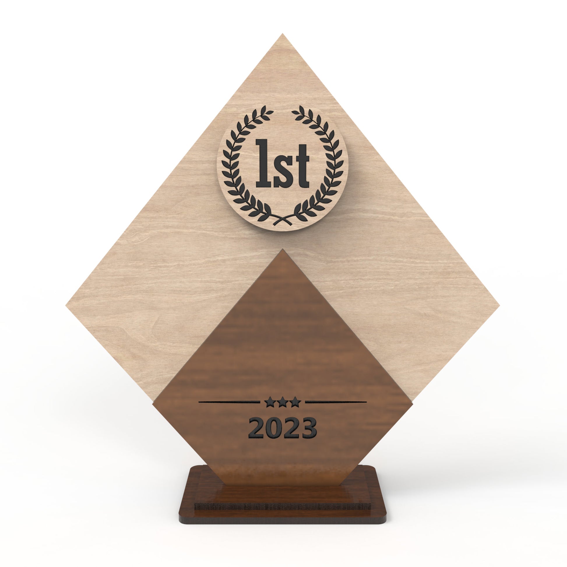 An award trophy made from our laser cutting files and available for digital download. The trophy, approximately 15cm - 18cm high, features a designated space for laser engraving personalization and suitable for 3mm thick materials such as natural wood, plywood, MDF and acrylics.