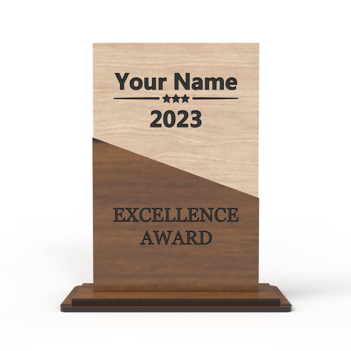 An award trophy made from our laser cutting files and available for digital download. The trophy, approximately 15cm high, features a designated space for laser engraving personalization and suitable for 3mm thick materials such as natural wood, plywood, MDF, and acrylics.