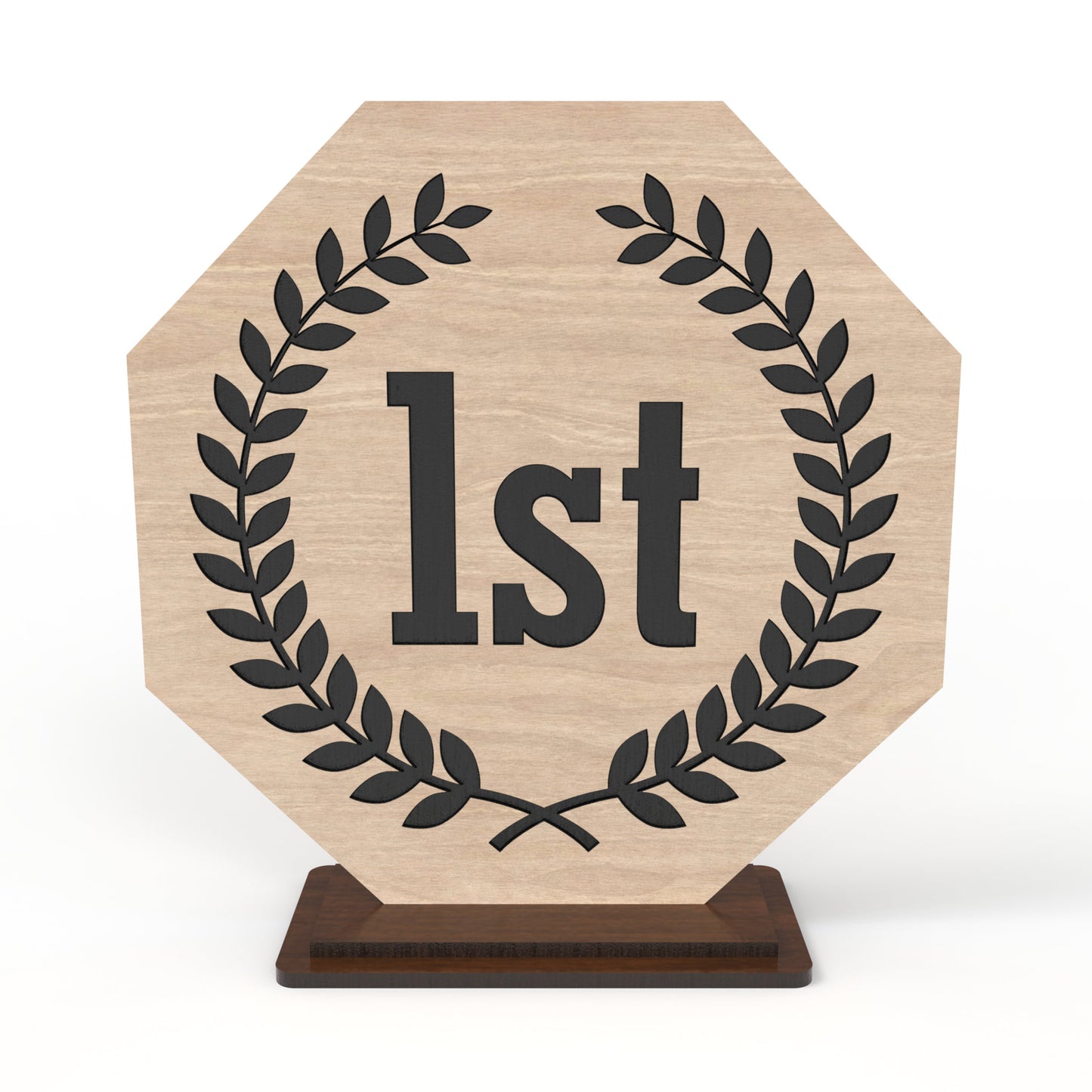 An award trophy made from our laser cutting files and available for digital download. The trophy, approximately 15cm - 18cm high, features a designated space for laser engraving personalization and suitable for 3mm thick materials such as natural wood, plywood, MDF and acrylics.