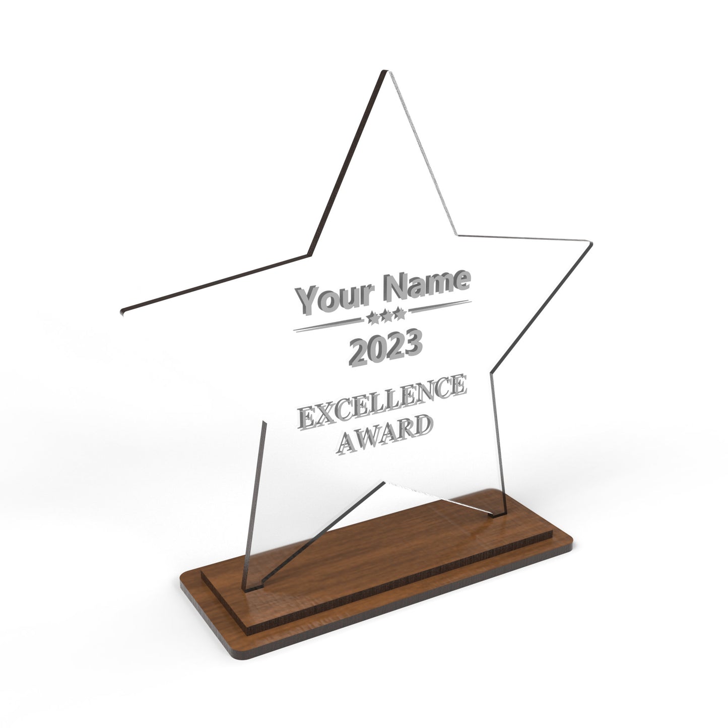 An award trophy made from our laser cutting files and available for digital download. The trophy, approximately 15cm high, features a designated space for laser engraving personalization and suitable for 3mm thick materials such as natural wood, plywood, MDF, and acrylics.