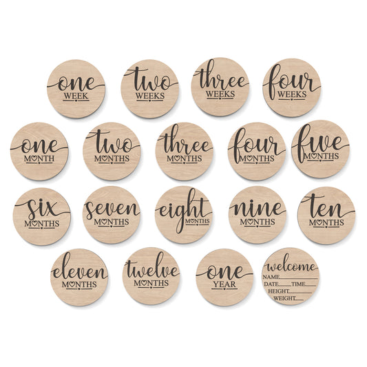 Set of 18 Baby Milestone Discs made from our laser cutting files and available for digital download. Ideal for baby photoshoots, baby shower gifts, baby announcements, and monthly milestone markers, documenting your baby's journey through the first year.