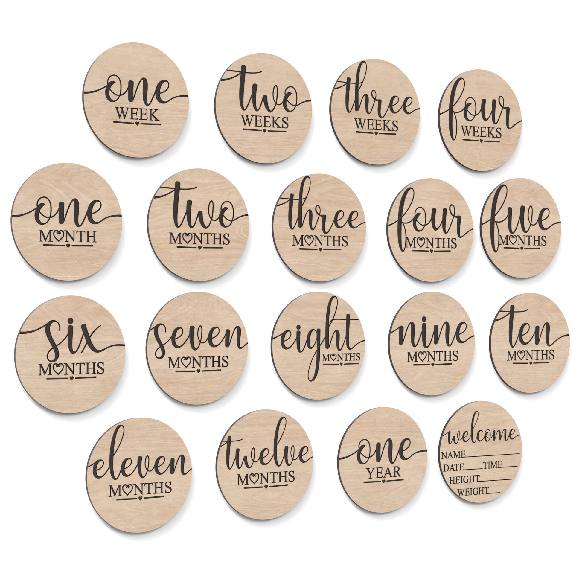 Set of 18 Baby Milestone Discs made from our laser cutting files and available for digital download. Ideal for baby photoshoots, baby shower gifts, baby announcements, and monthly milestone markers, documenting your baby's journey through the first year.