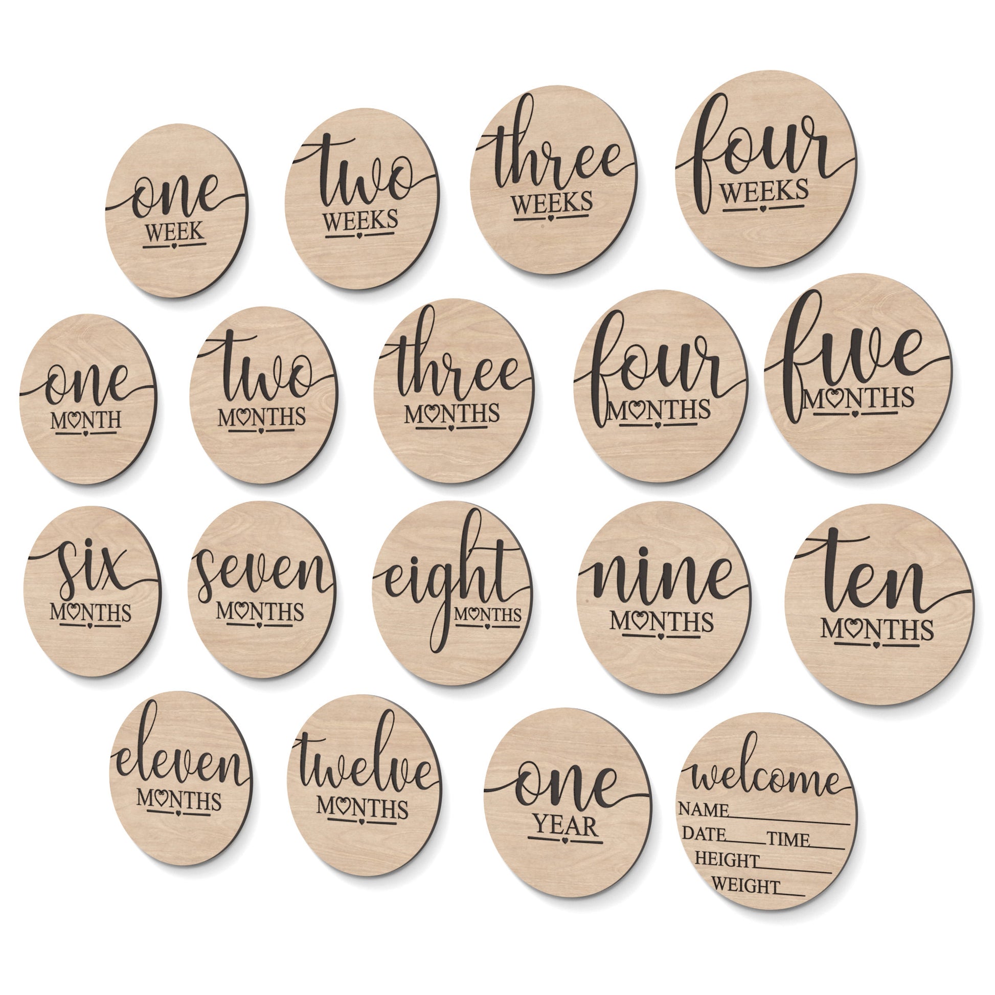 Set of 18 Baby Milestone Discs made from our laser cutting files and available for digital download. Ideal for baby photoshoots, baby shower gifts, baby announcements, and monthly milestone markers, documenting your baby's journey through the first year.