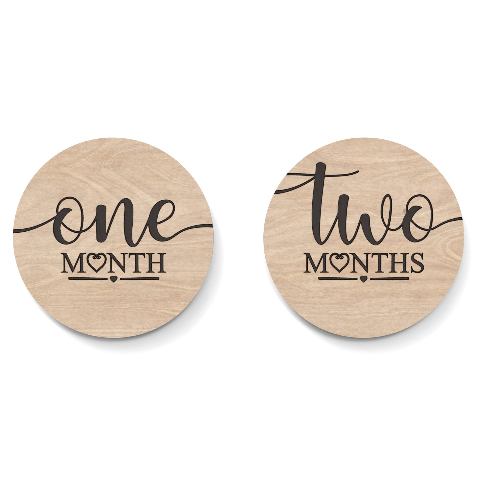 Set of 2 Baby Milestone Discs made from our laser cutting files and available for digital download. Ideal for baby photoshoots, baby shower gifts, baby announcements, and monthly milestone markers, documenting your baby's journey through the first year.