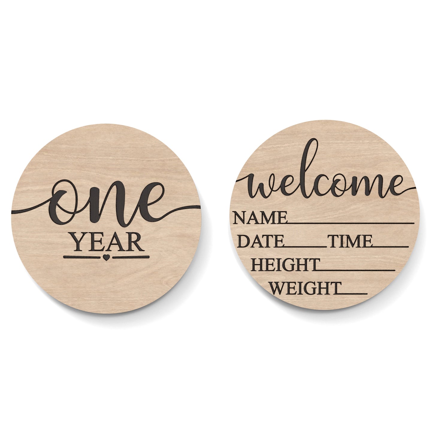 Set of 2 Baby Milestone Discs made from our laser cutting files and available for digital download. Ideal for baby photoshoots, baby shower gifts, baby announcements, and monthly milestone markers, documenting your baby's journey through the first year.