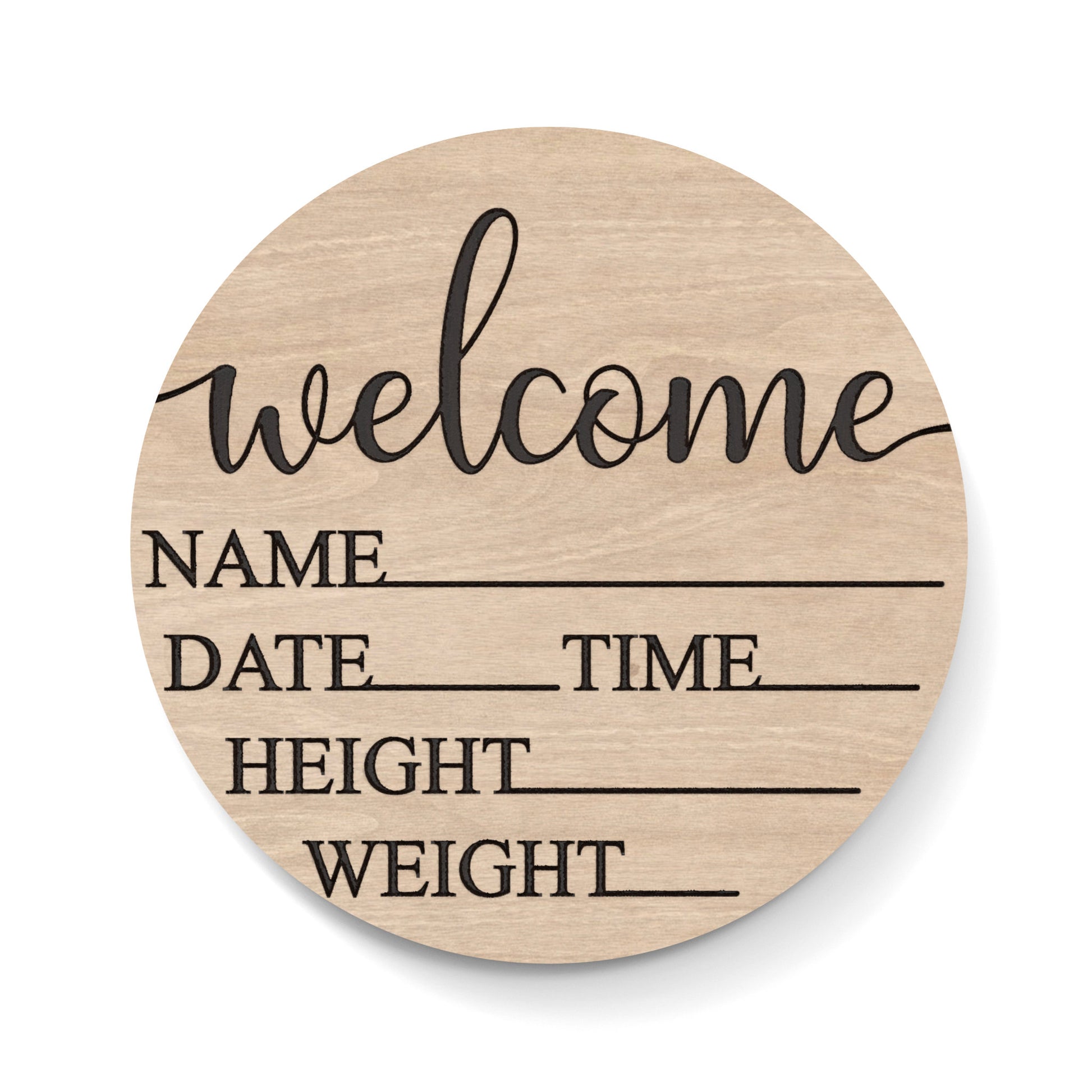 A New Baby Welcome To The World Disc made from our laser cutting files and available for digital download. Ideal for baby photoshoots, baby shower gifts, baby announcements, and monthly milestone markers, documenting your baby's journey through the first year.