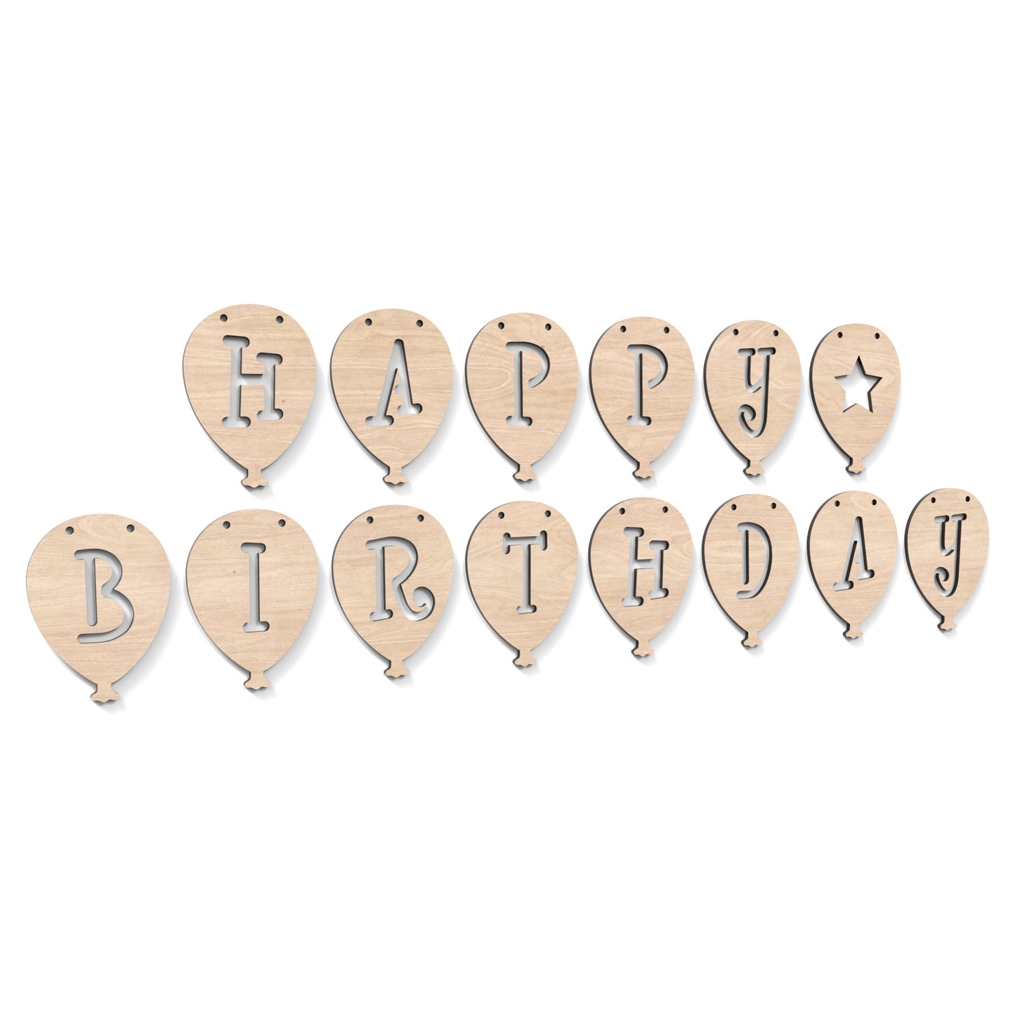 Happy Birthday Balloon Garland Bunting made from our laser cutting files and available as a digital download. Each balloon features a separate letter cut out of its centre.