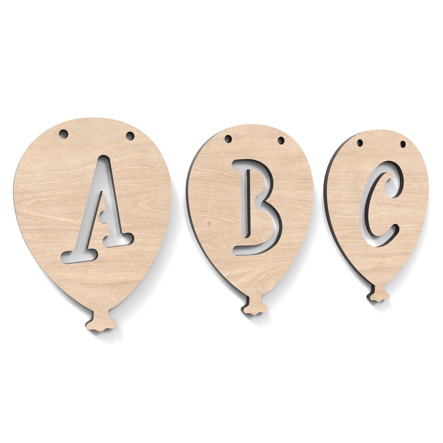 A B C Balloon Garland Bunting made from our laser cutting files and available as a digital download. Each balloon features a separate letter cut out of its centre.