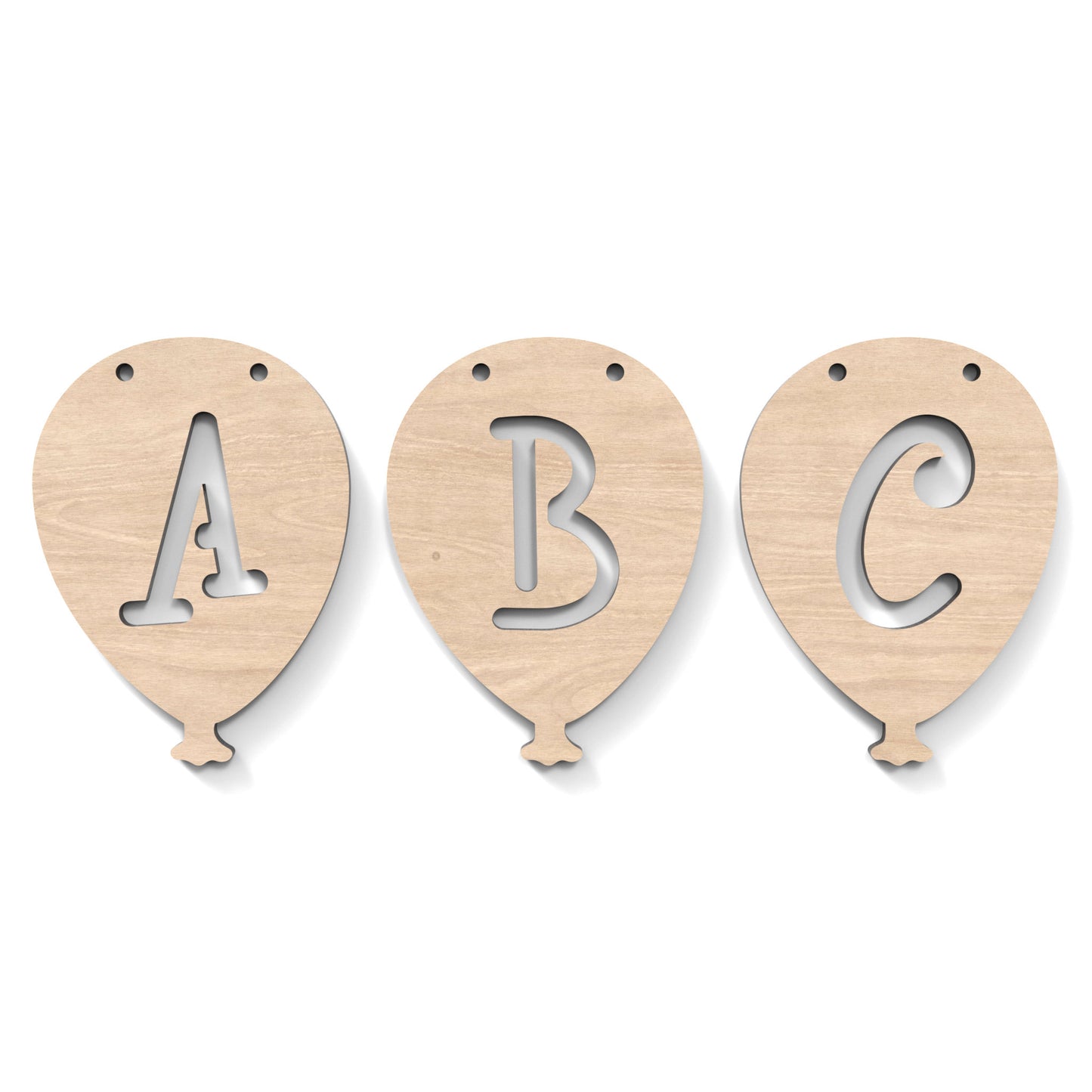 A B C Balloon Garland Bunting made from our laser cutting files and available as a digital download. Each balloon features a separate letter cut out of its centre.