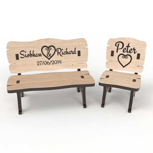 Set of 2 Memorial Bench and Memory Chair made from our laser cutting files and available for digital download. Perfect for Christmas in Heaven memorials, Save a Chair tokens, small dollhouse décor, fairy garden décor, and more!