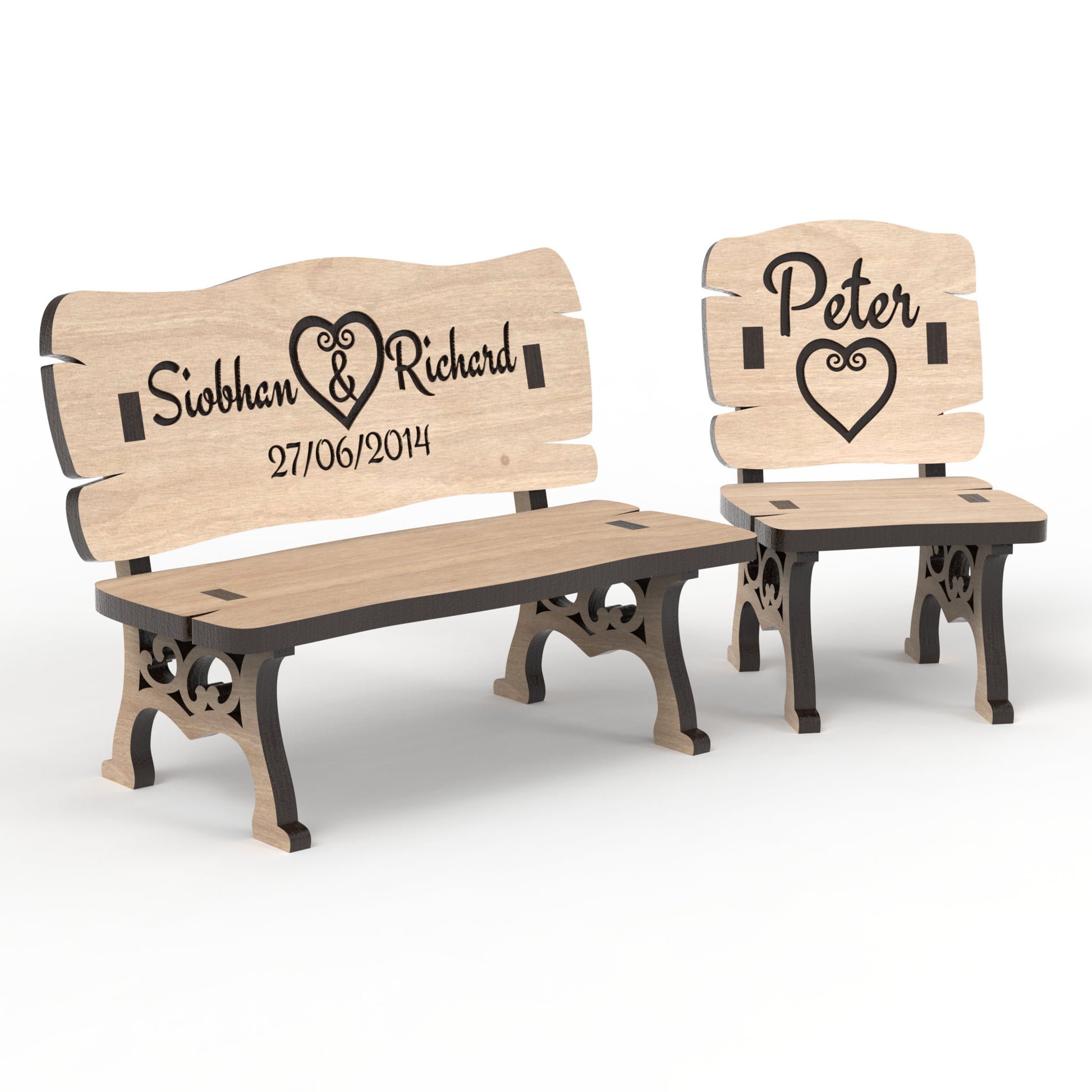 Set of 2 Memorial Bench and Memory Chair made from our laser cutting files and available for digital download. Perfect for Christmas in Heaven memorials, Save a Chair tokens, small dollhouse décor, fairy garden décor, and more!