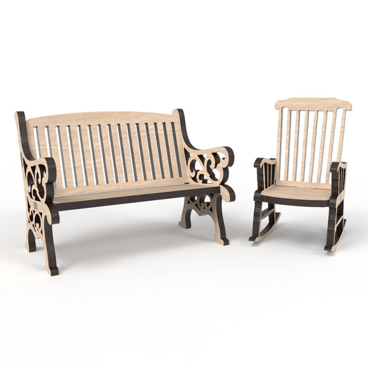 A Memorial bench and memory rocking chair made from our laser cutting files and available for digital download. Create heartfelt memorials with these exquisite 3D models, perfect for 'save a chair' tributes and Christmas in Heaven displays, honouring the memory of loved ones.