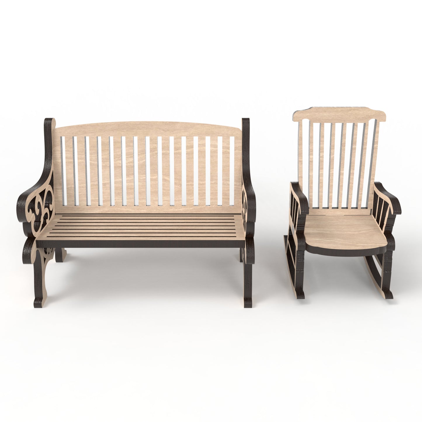A Memorial bench and memory rocking chair made from our laser cutting files and available for digital download. Create heartfelt memorials with these exquisite 3D models, perfect for 'save a chair' tributes and Christmas in Heaven displays, honouring the memory of loved ones.