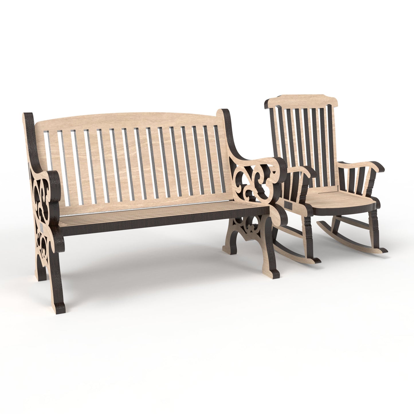 A Memorial bench and memory rocking chair made from our laser cutting files and available for digital download. Create heartfelt memorials with these exquisite 3D models, perfect for 'save a chair' tributes and Christmas in Heaven displays, honouring the memory of loved ones.