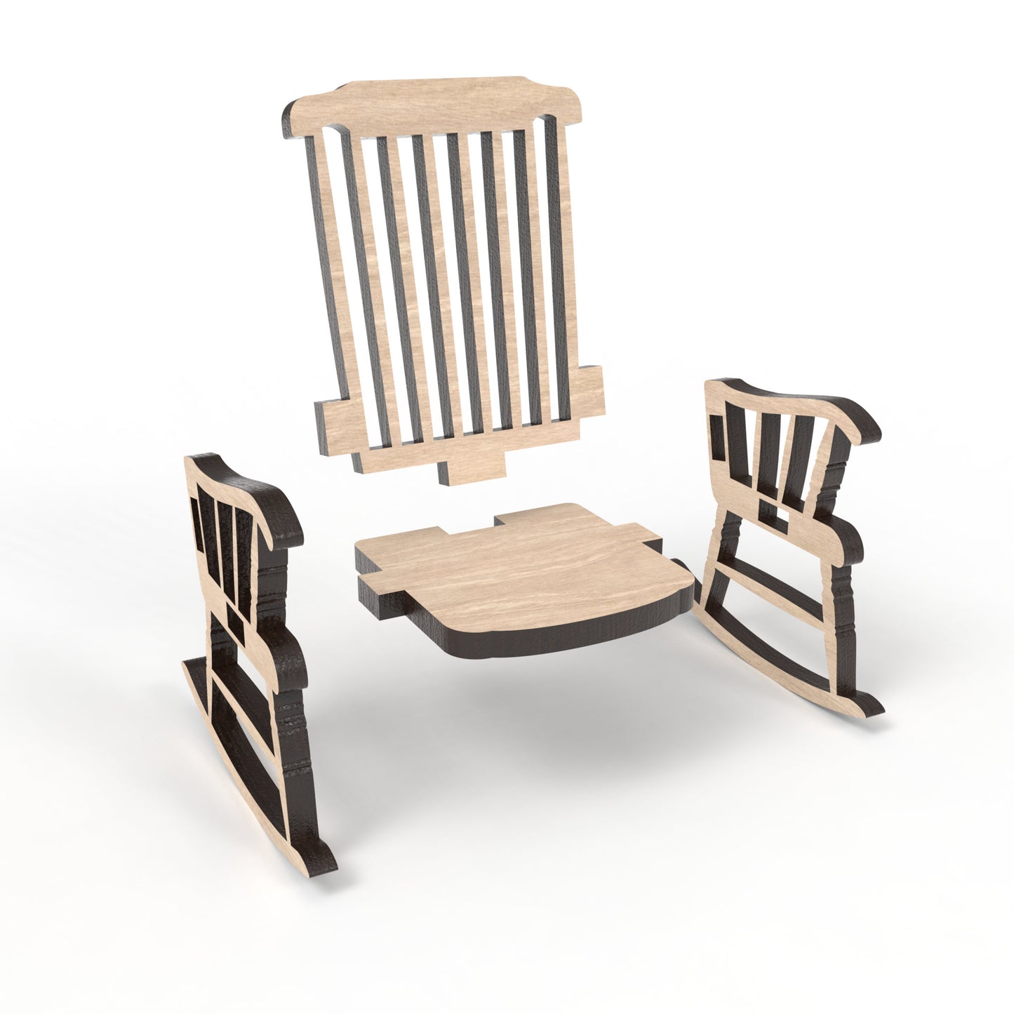 An exploded view of our Memorial Rocking Chair made from our laser cutting files and available for digital download. Create heartfelt memorials with these exquisite 3D models, perfect for 'save a chair' tributes and Christmas in Heaven displays, honouring the memory of loved ones.