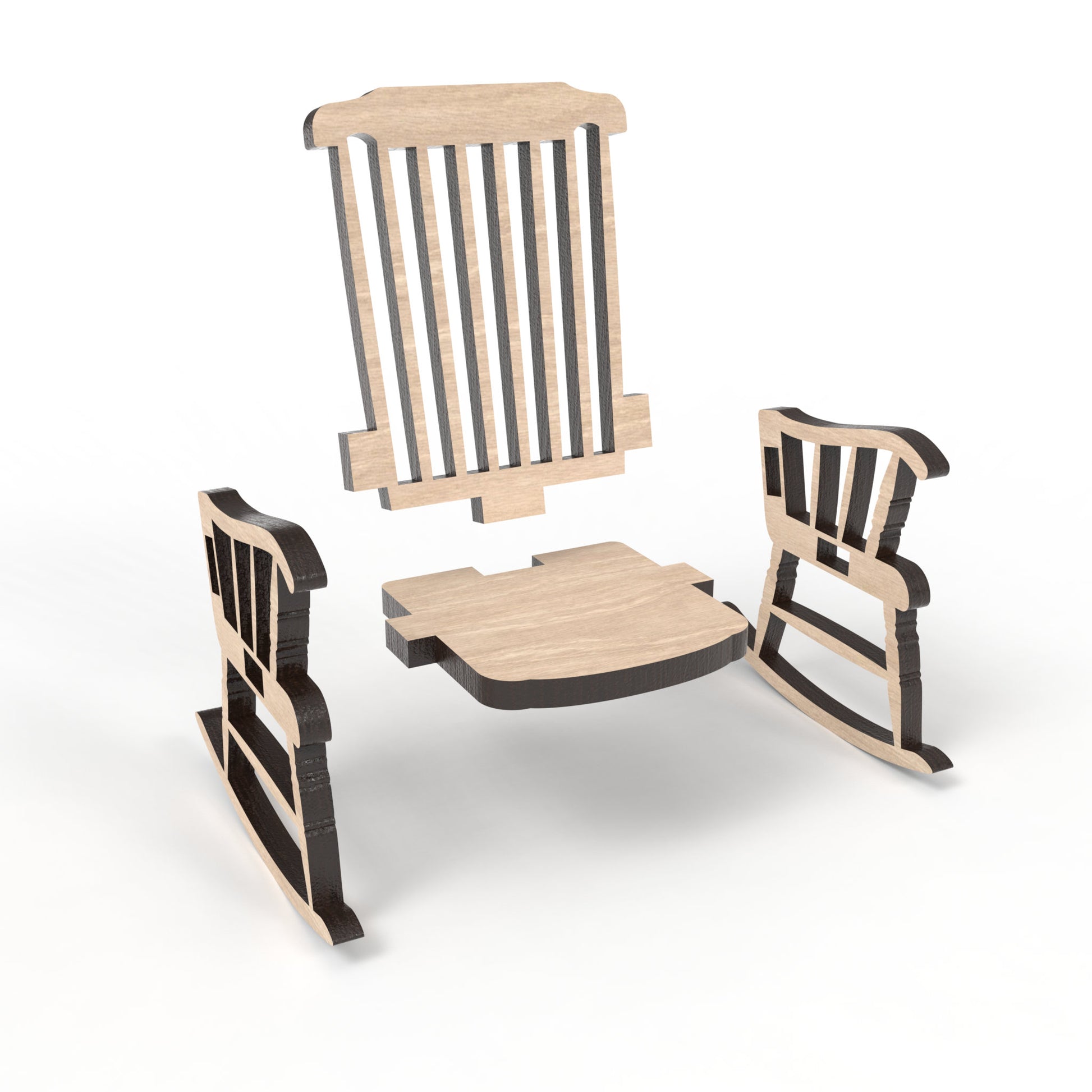 An exploded view of our Memorial Rocking Chair made from our laser cutting files and available for digital download. Create heartfelt memorials with these exquisite 3D models, perfect for 'save a chair' tributes and Christmas in Heaven displays, honouring the memory of loved ones.