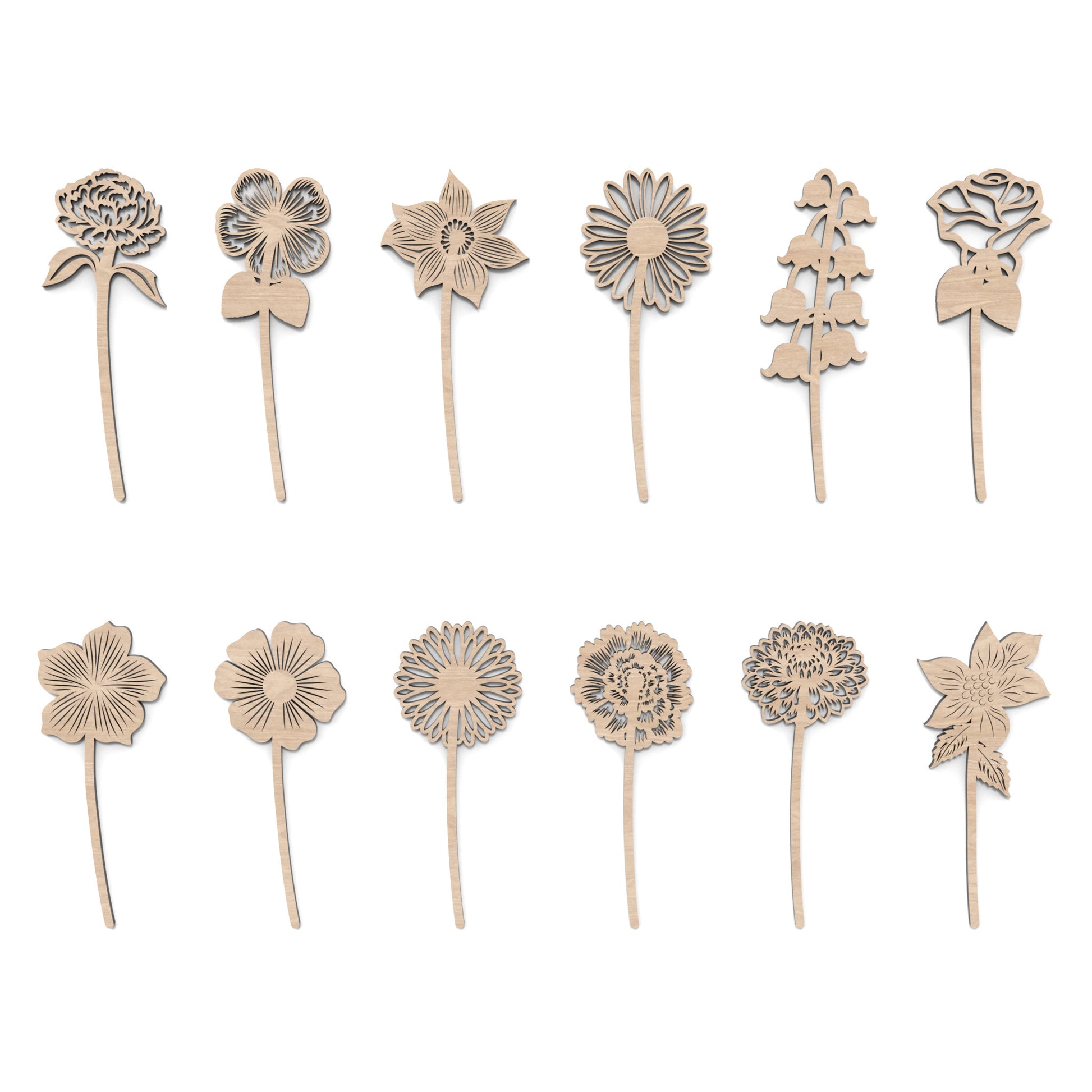 Set of 12 Birth Month Flowers made from our laser cutting files and available for digital download. Each flower represents the birth flower for a specific month.