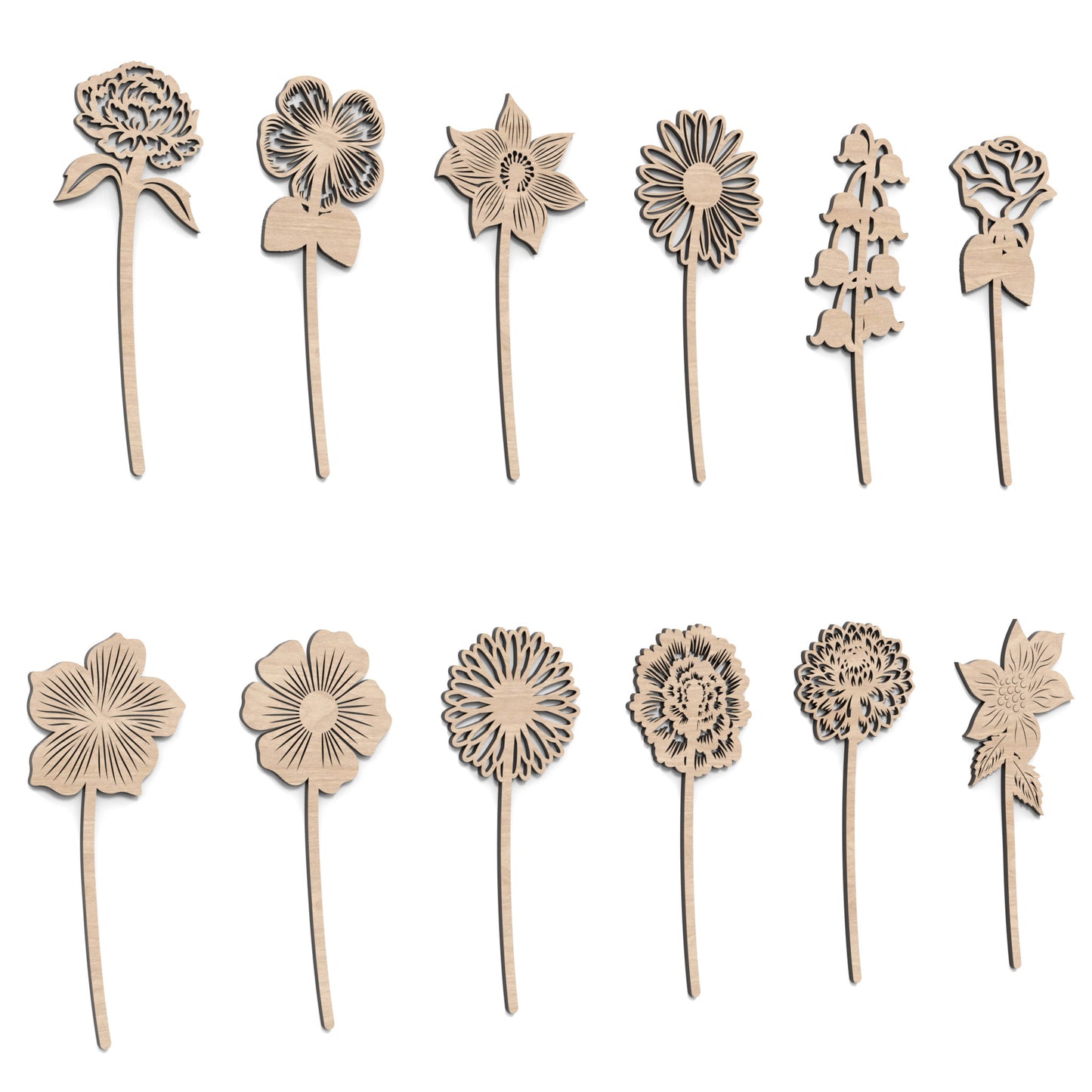 Set of 12 Birth Month Flowers made from our laser cutting files and available for digital download. Each flower represents the birth flower for a specific month.