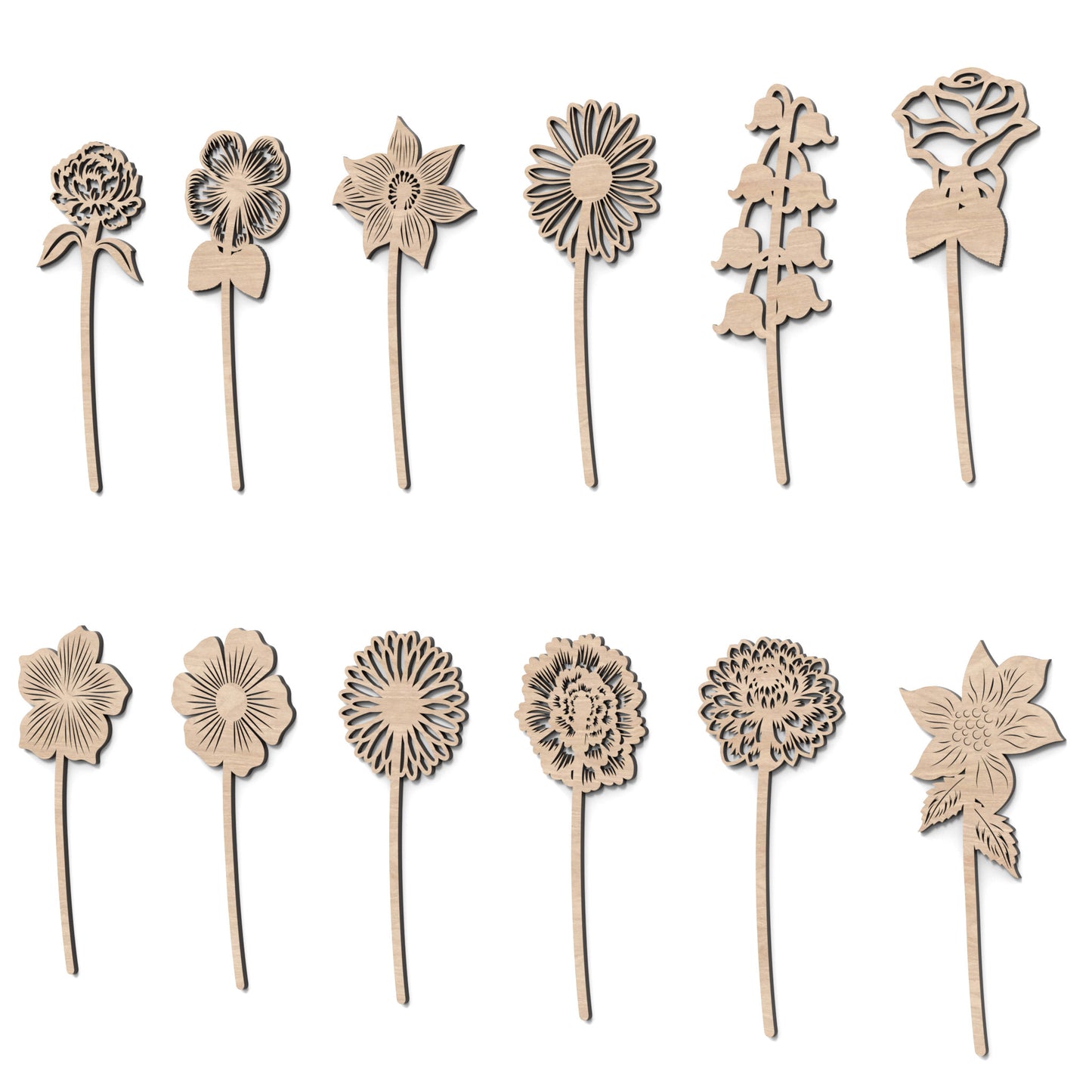 Set of 12 Birth Month Flowers made from our laser cutting files and available for digital download. Each flower represents the birth flower for a specific month.