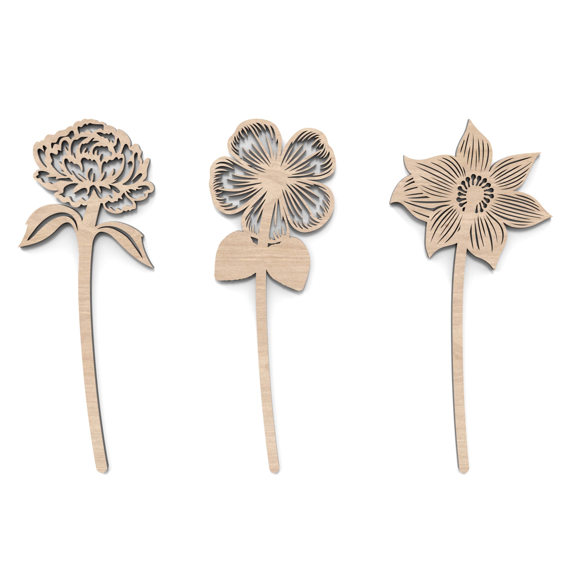 Set of 3 Wooden Flowers made from our laser cutting files and available for digital download. Each flower represents the birth flower for a specific month.