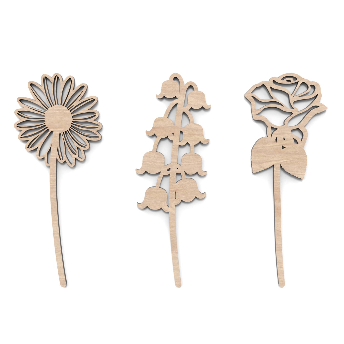 Set of 3 Wooden Flowers made from our laser cutting files and available for digital download. Each flower represents the birth flower for a specific month.